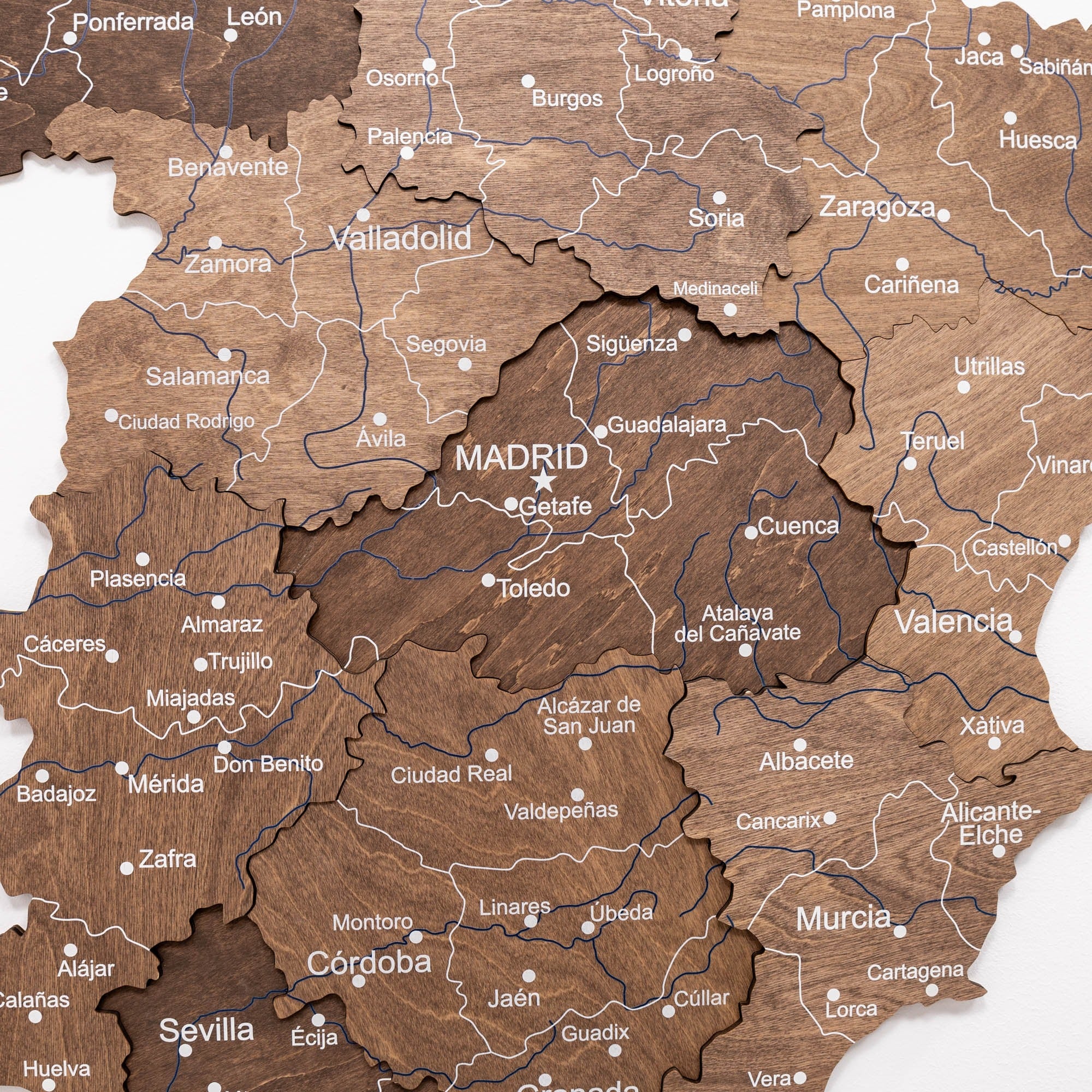 Wooden map of Spain with Madrid highlighted