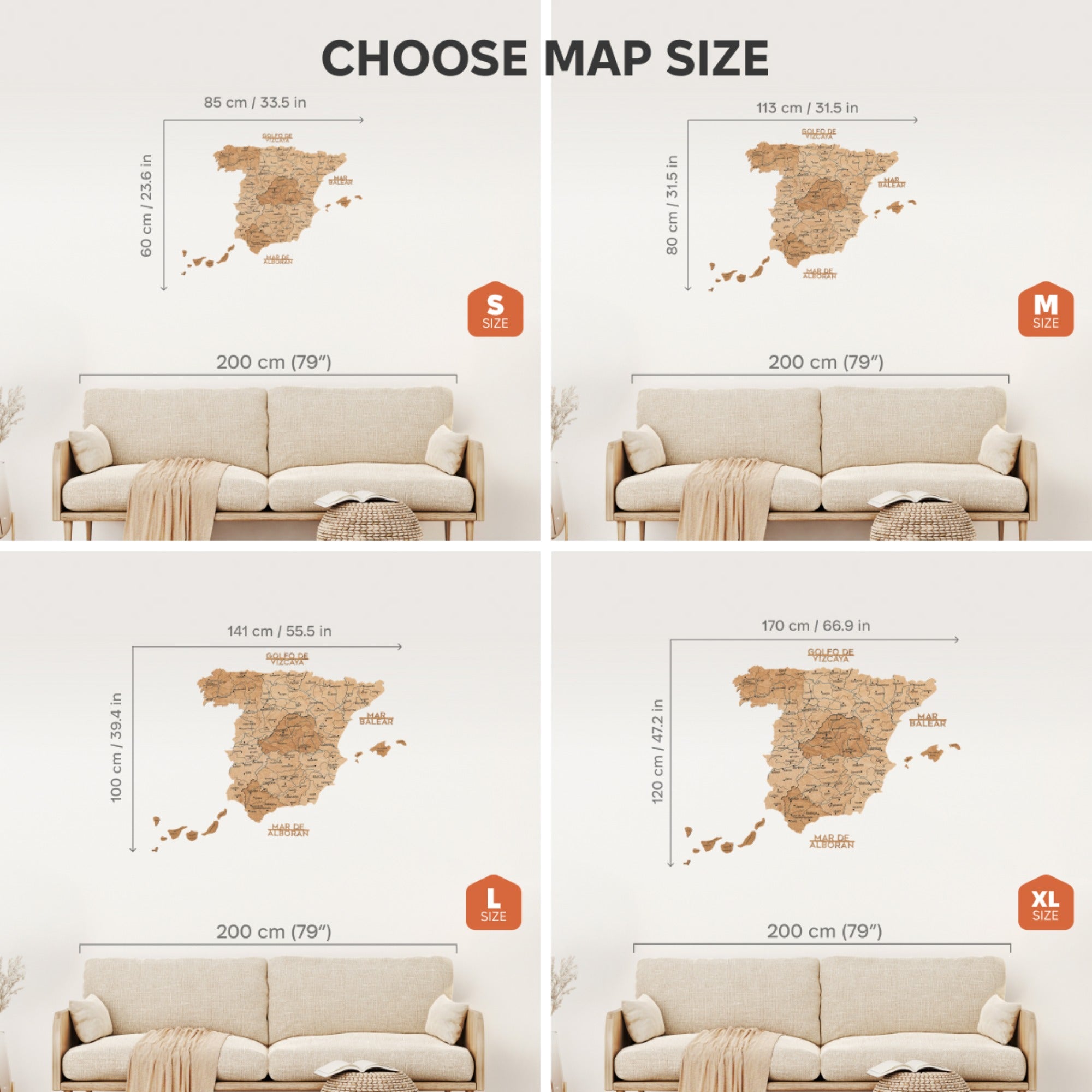 Four size options of a map of Spain displayed with a beige sofa for scale.