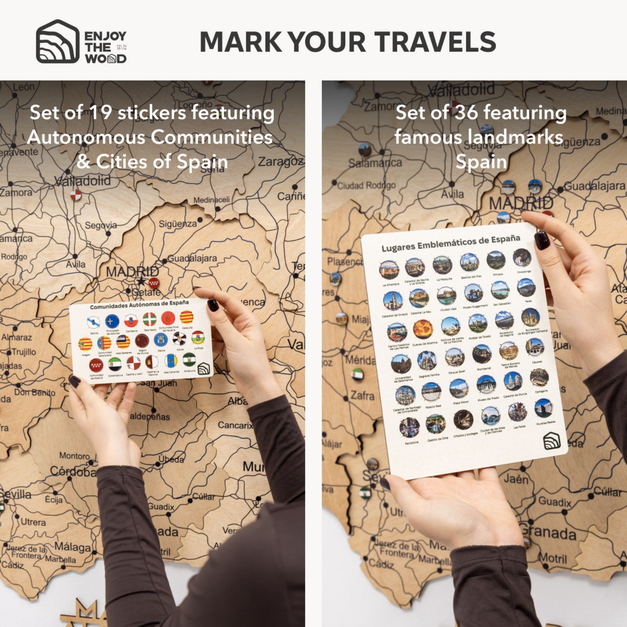 Two sets of travel stickers featuring autonomous communities and famous landmarks of Spain on a map background.