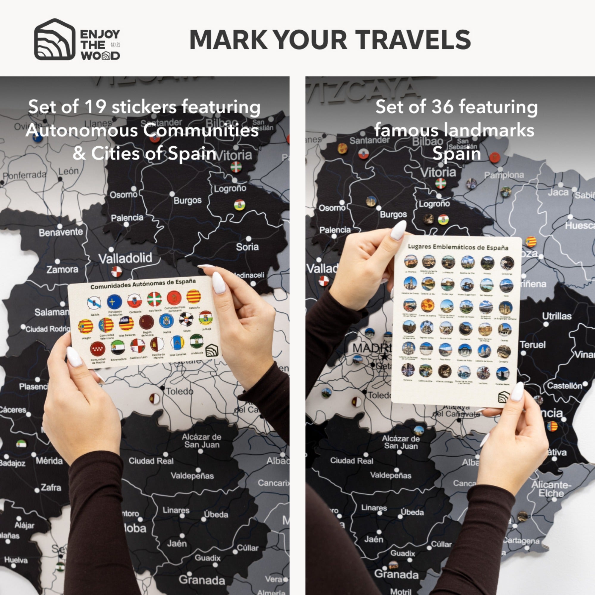 Two sets of travel stickers featuring autonomous communities and cities of Spain, and famous landmarks of Spain, held over a map.