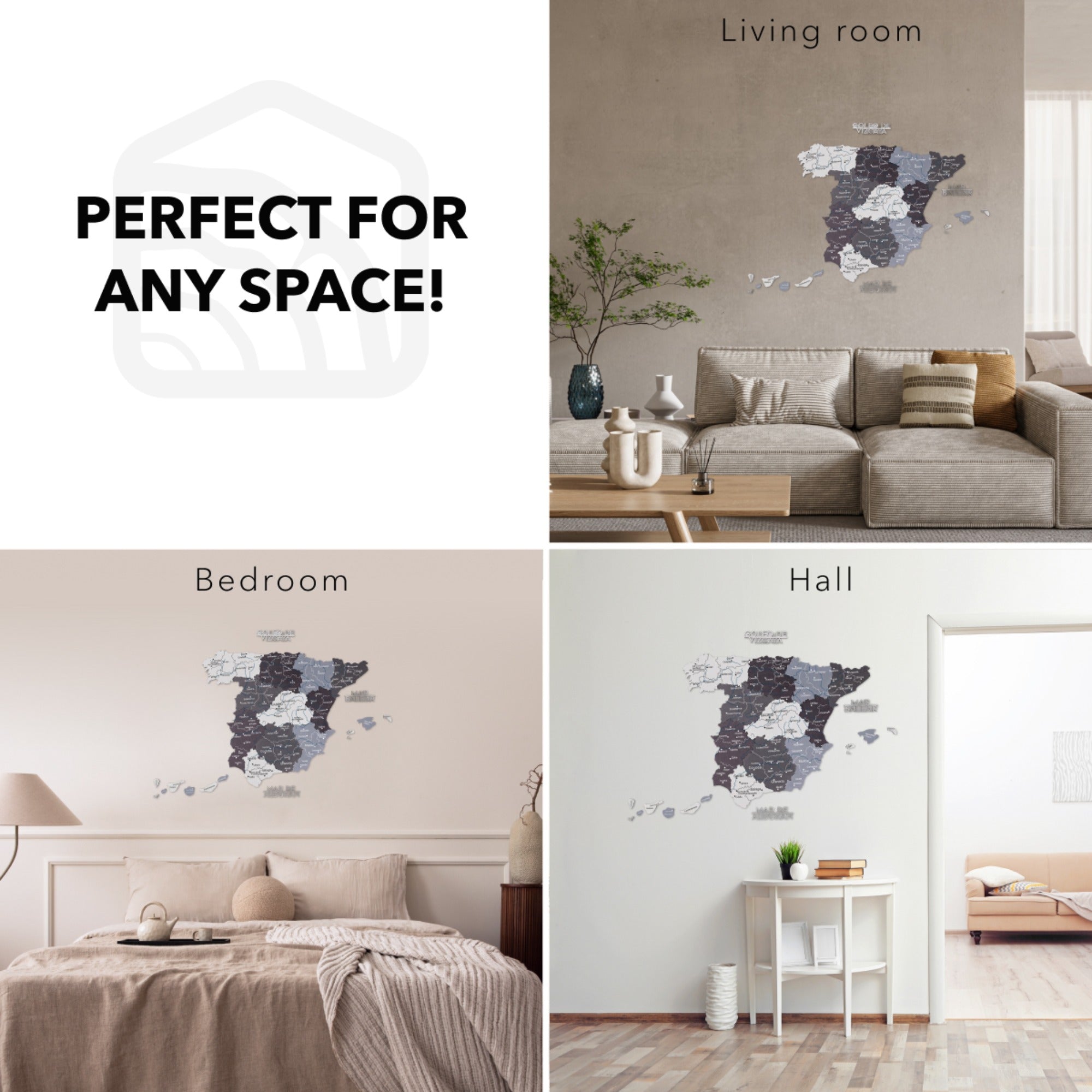 Collage of a map on a wall in various rooms with text 'Perfect for any space!'.