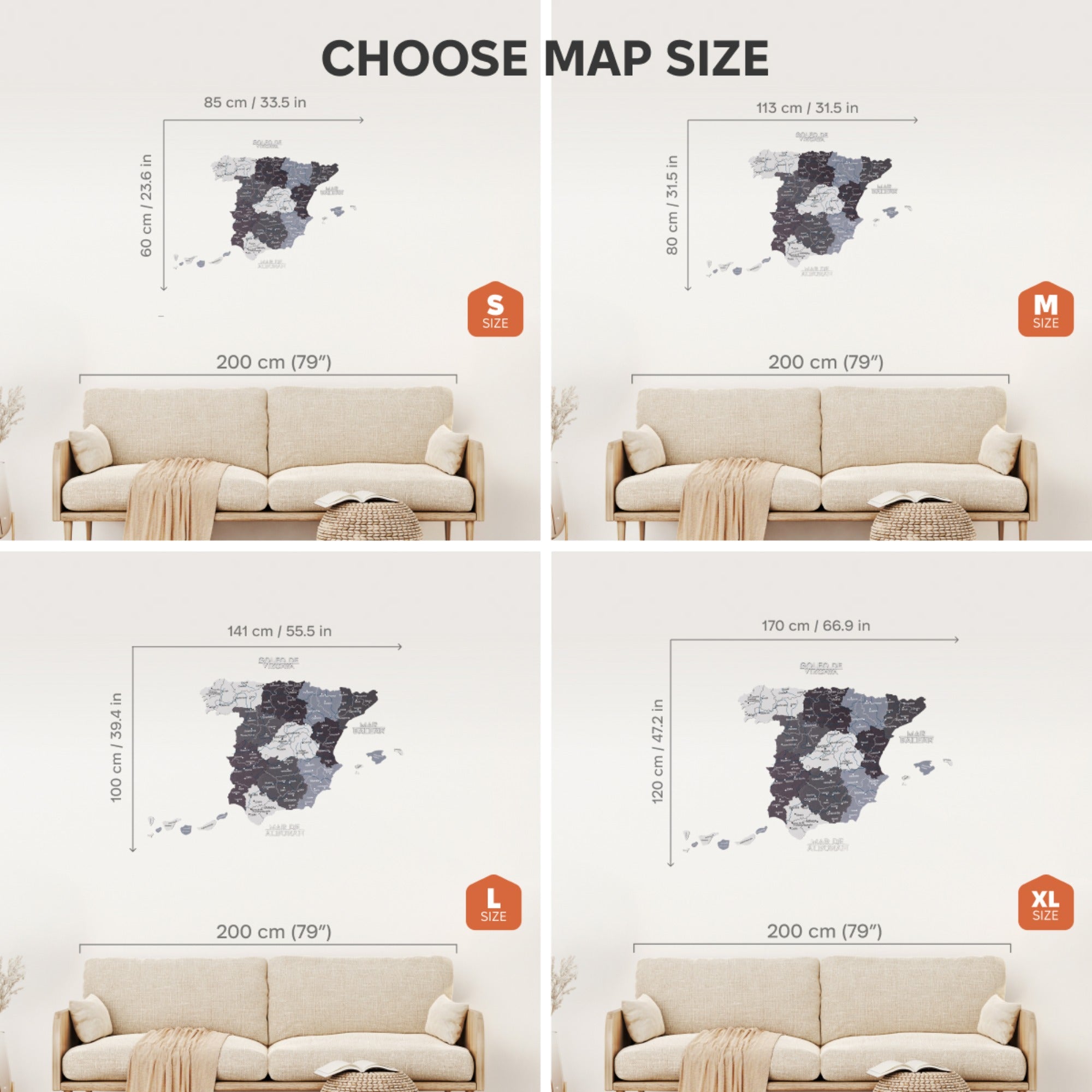 Comparison of map sizes with a sofa for scale on a white background