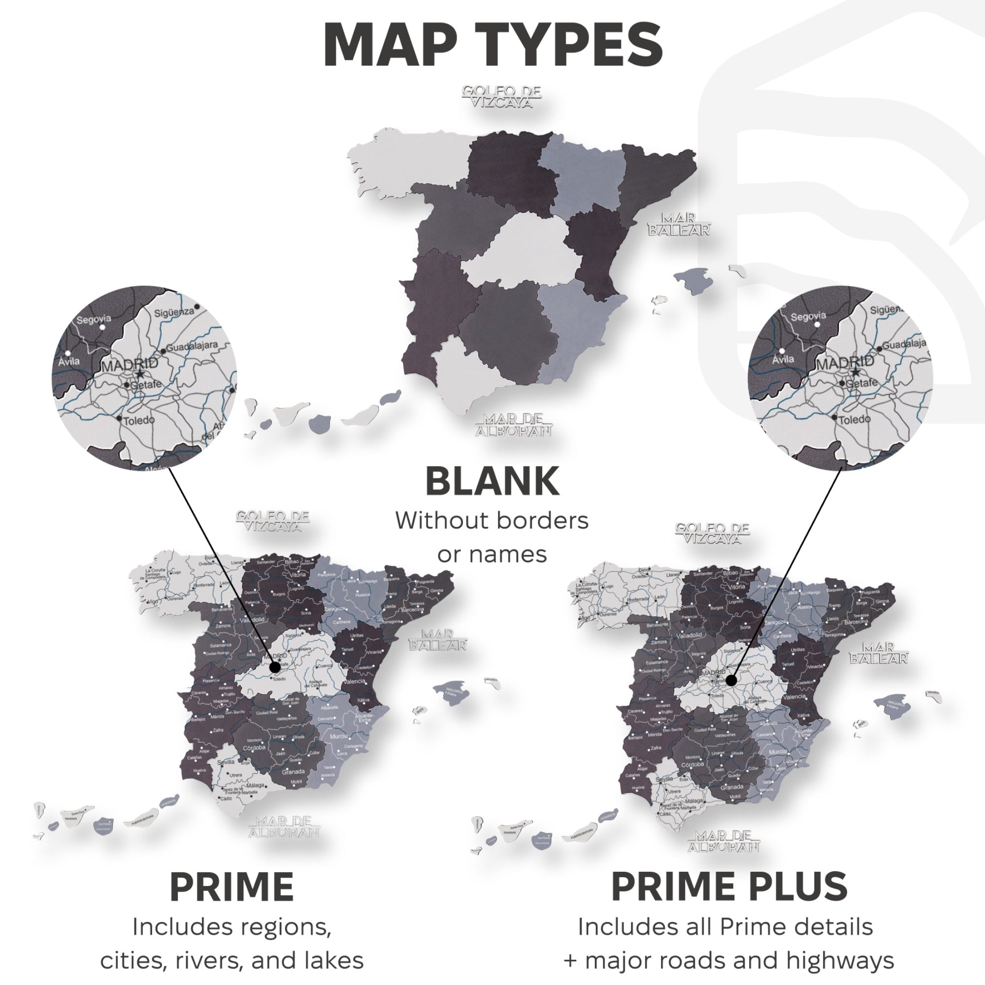 Comparison of map types with labels on a white background