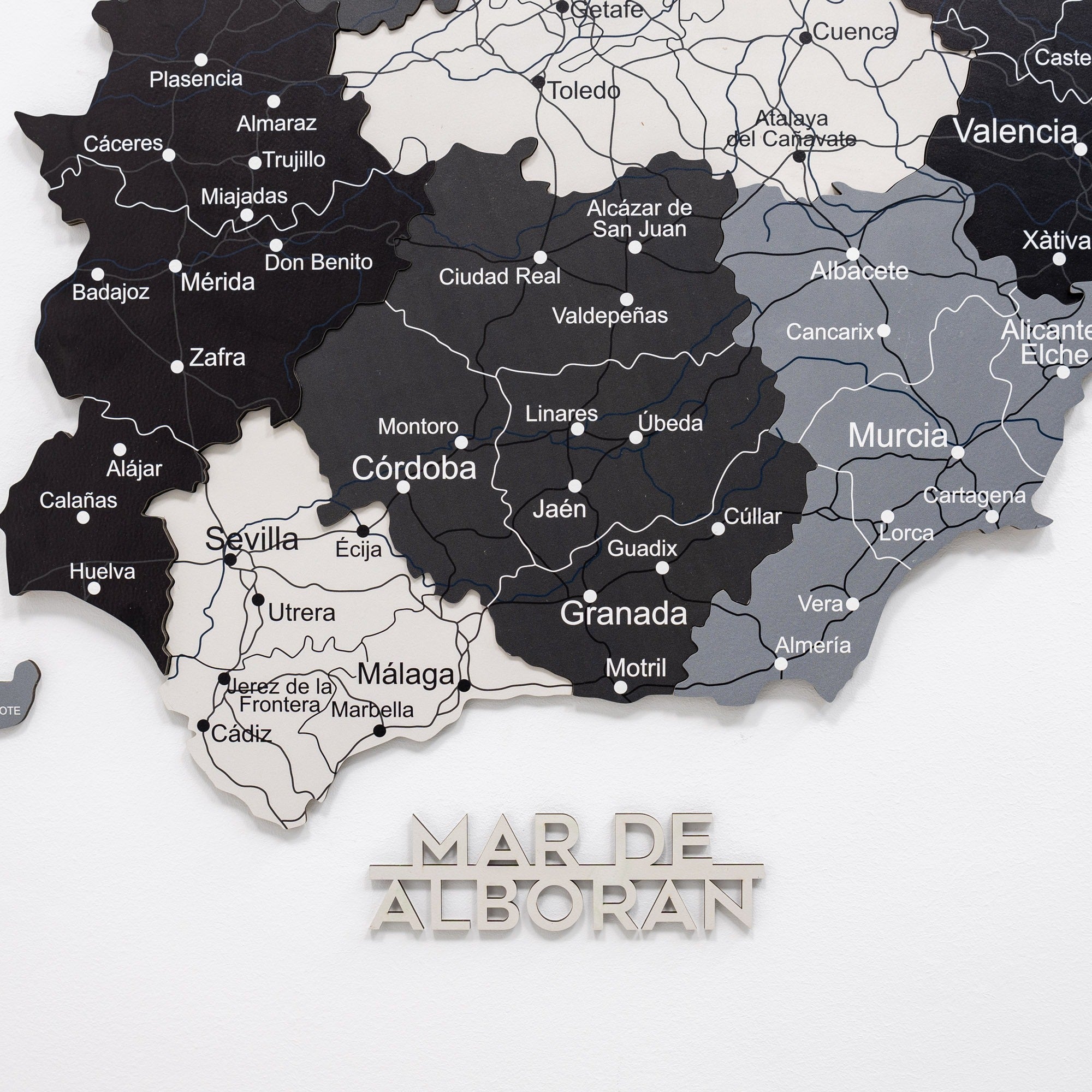 Map of Andalusia with regions highlighted in black and gray, featuring the brand 'Mar de Alboran'.