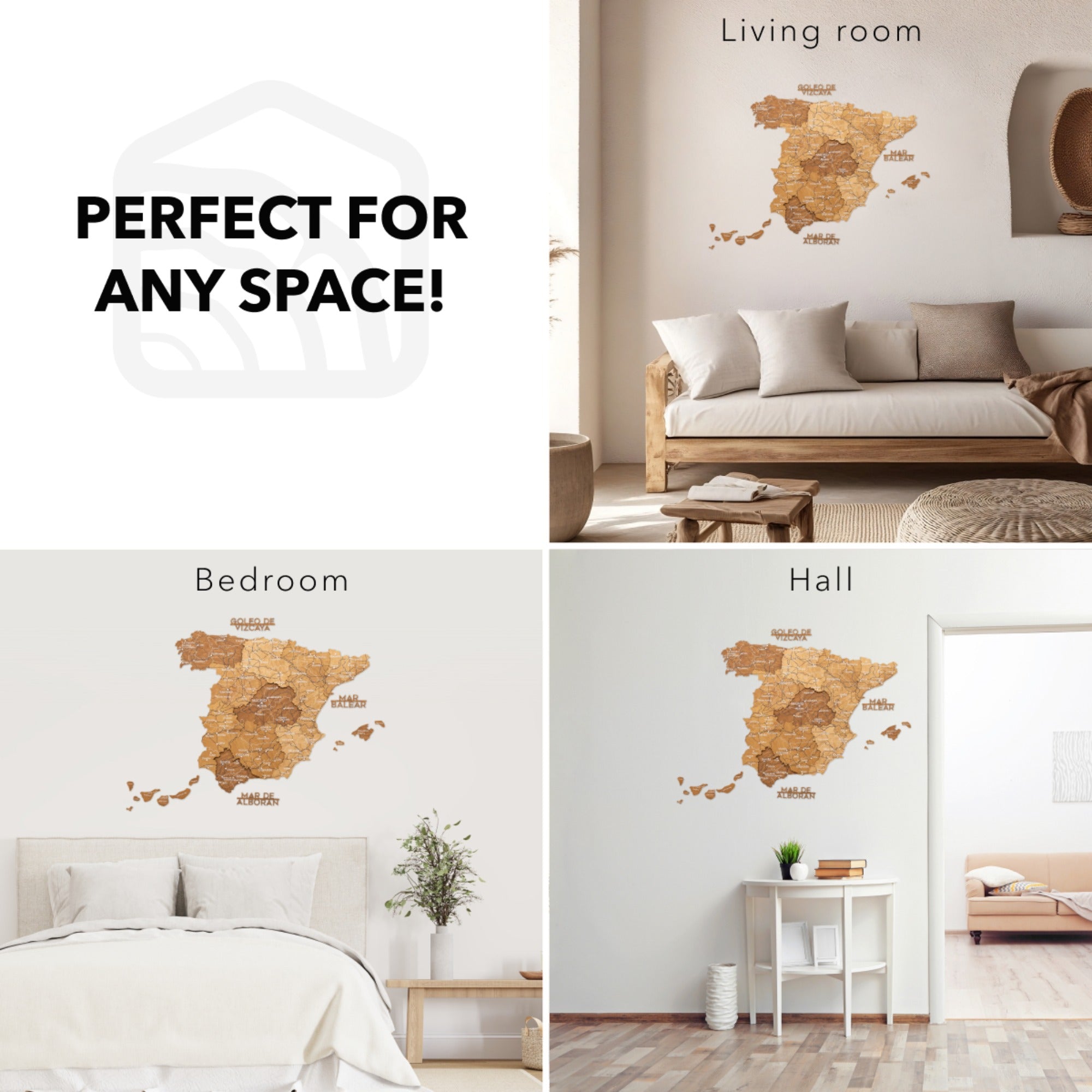 Map of Spain wall decal in various rooms with text 'Perfect for any space'.