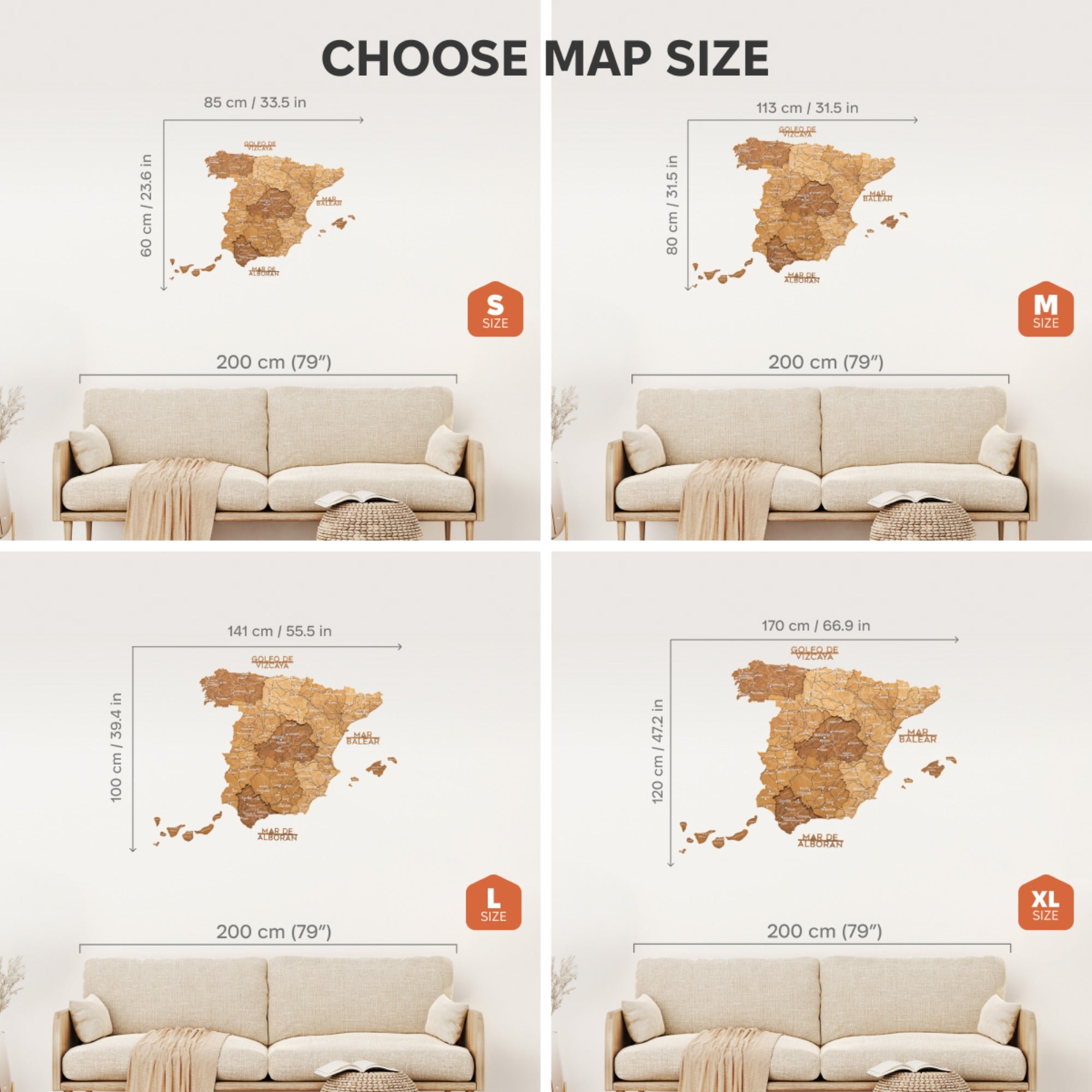 Comparison of different sizes of a map of Spain displayed next to a sofa.