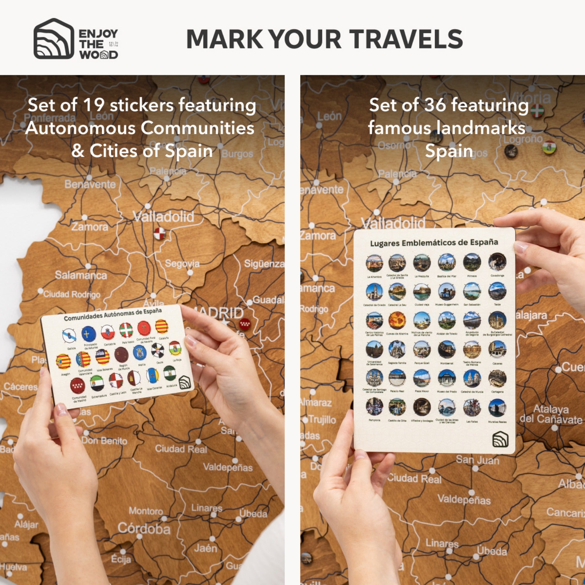 Two sets of stickers featuring autonomous communities and landmarks of Spain on a map background.