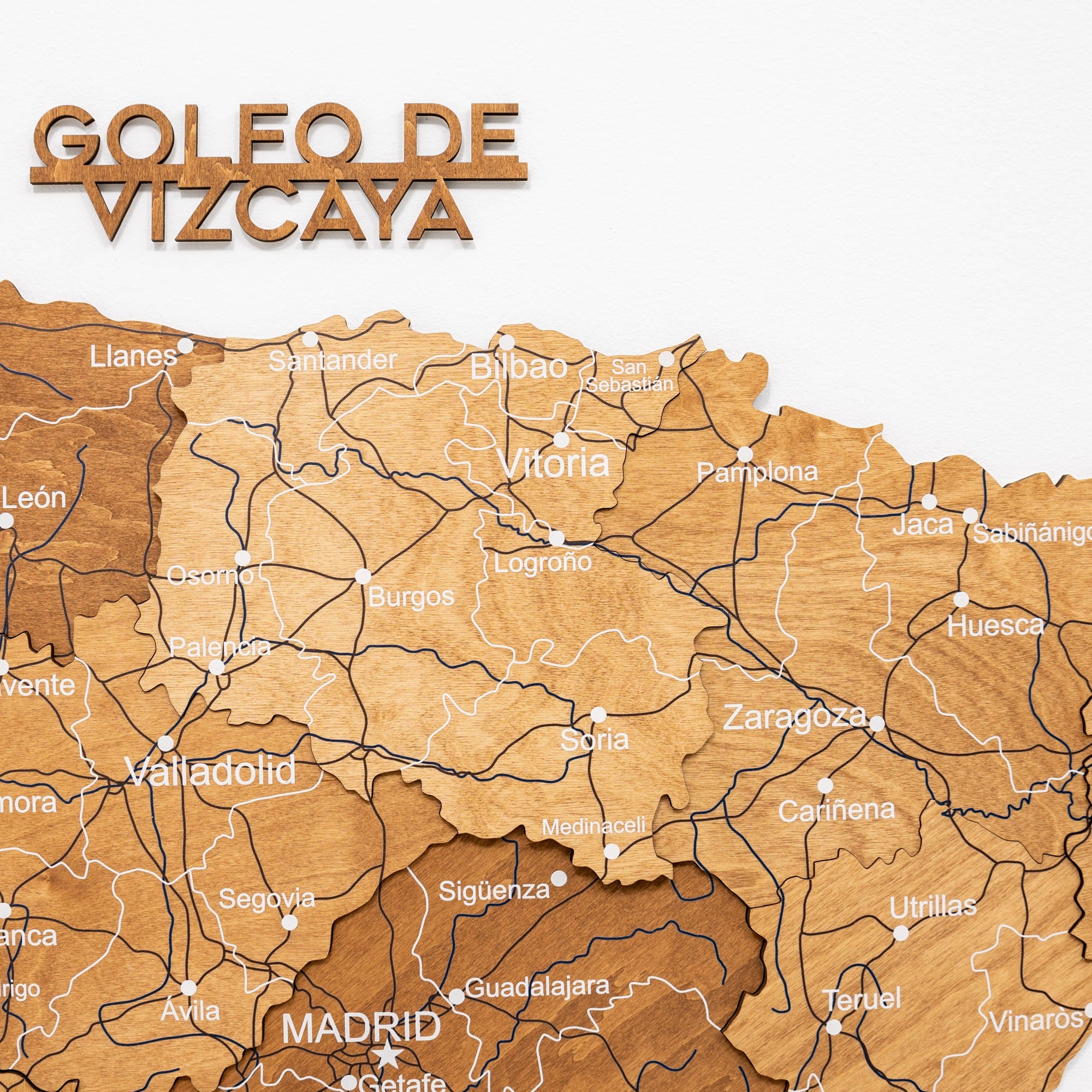 Wooden map of Spain with Goleo de Vizcaya branding