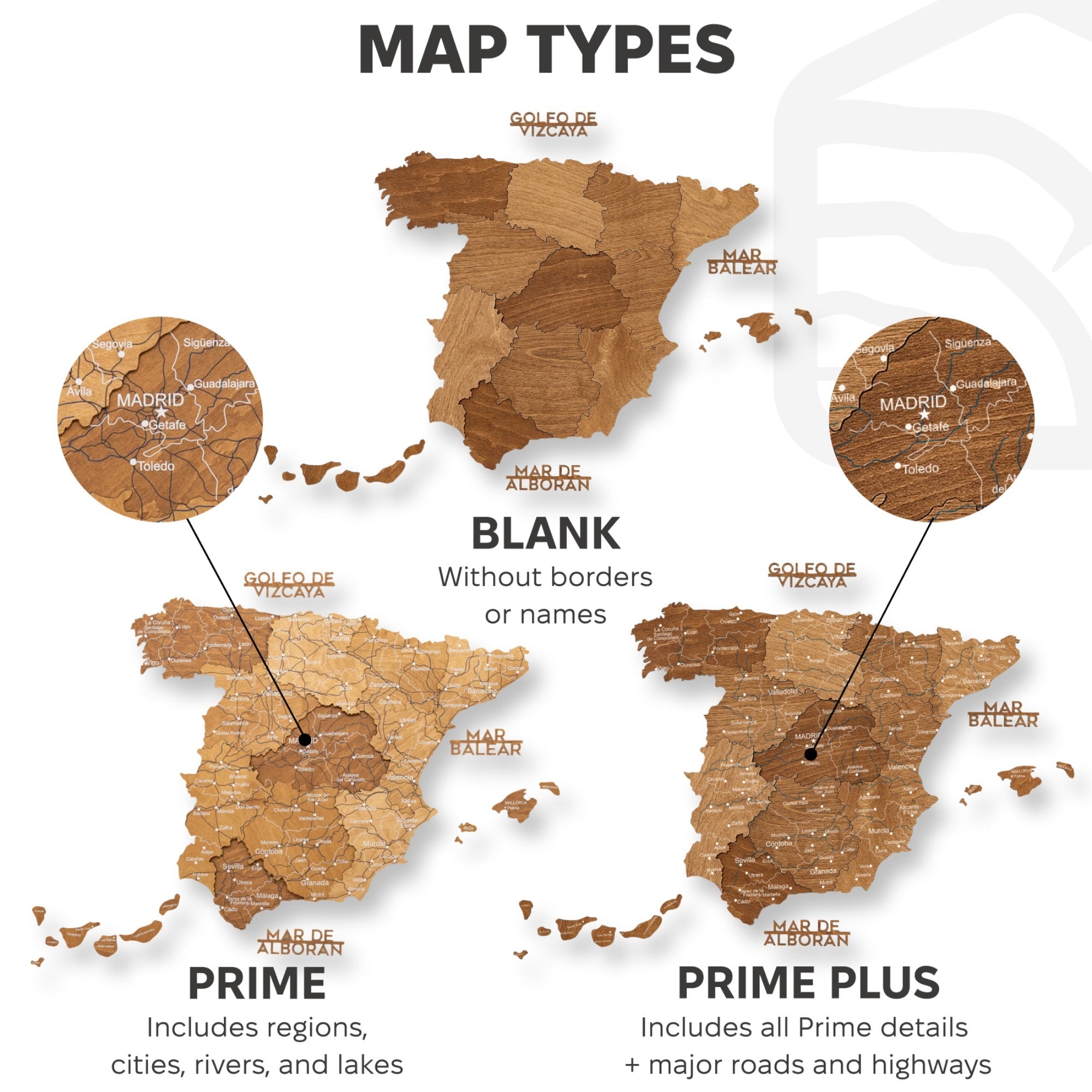 Comparison of different map types with labels on a white background