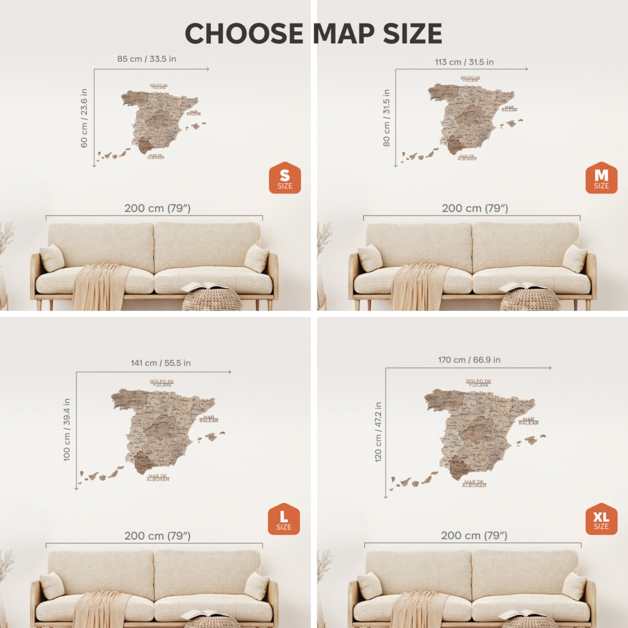 Comparison of map sizes above a beige sofa with corresponding dimensions.