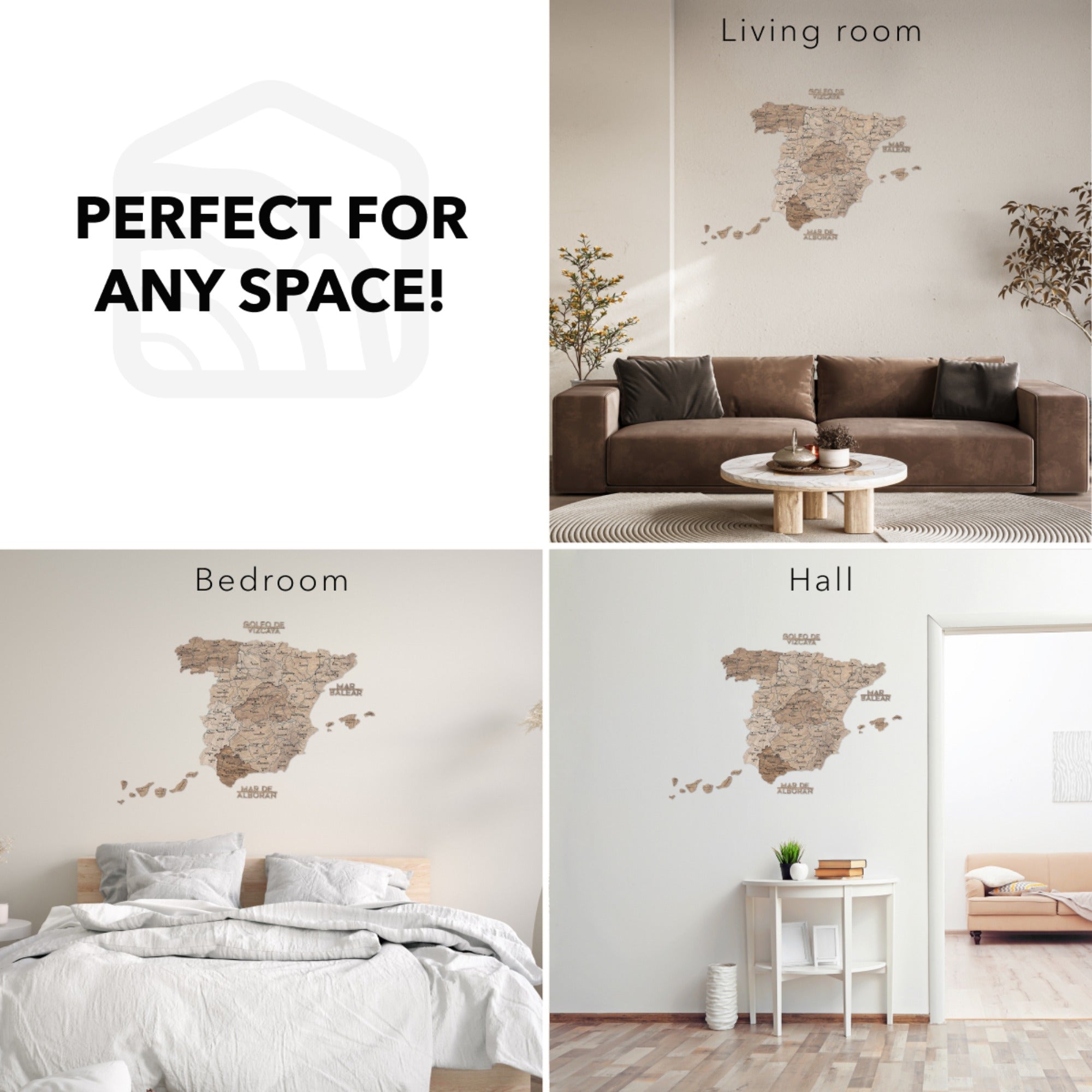 Wall decal of a map of Spain in various rooms with text 'Perfect for any space'.