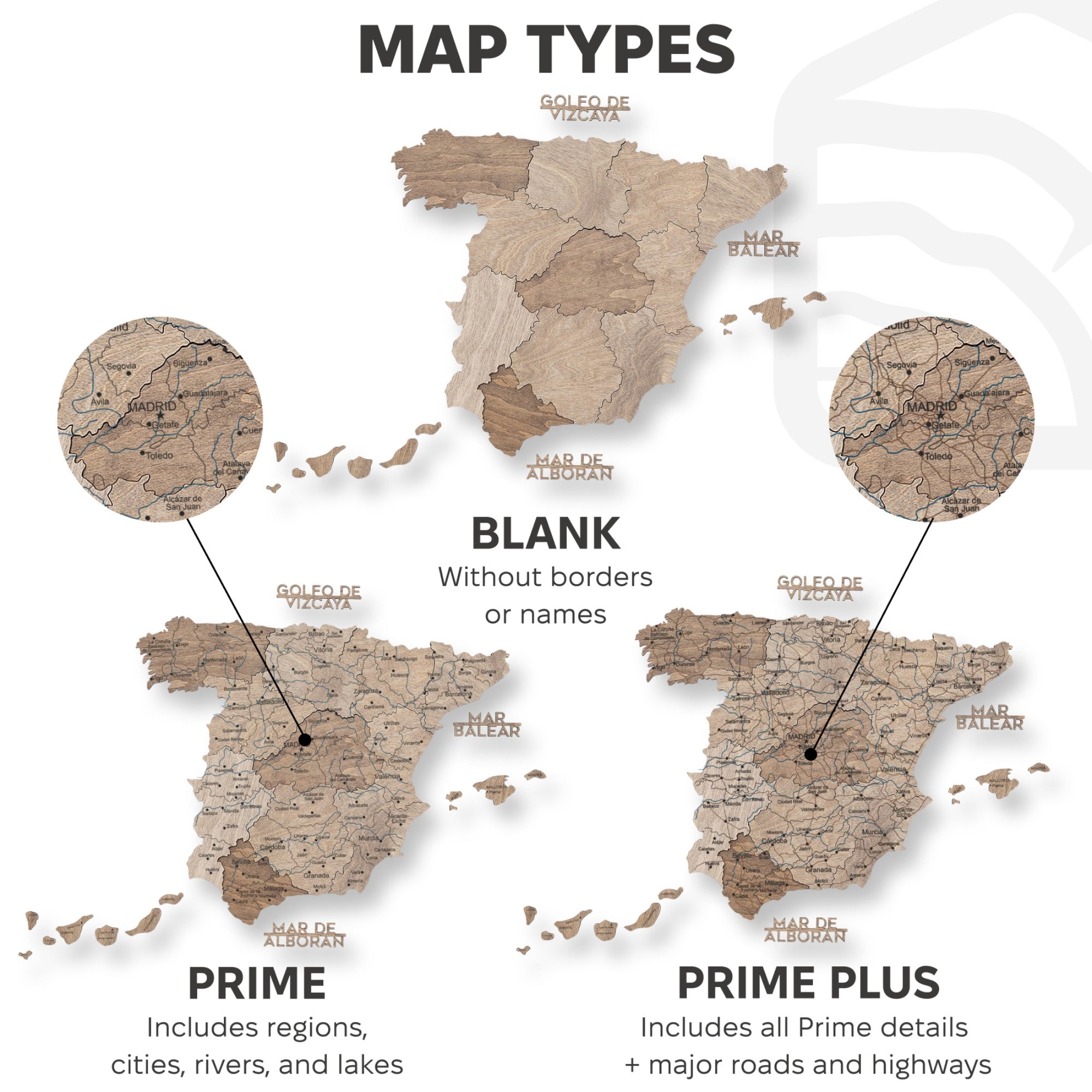 Comparison of map types with labels on a white background