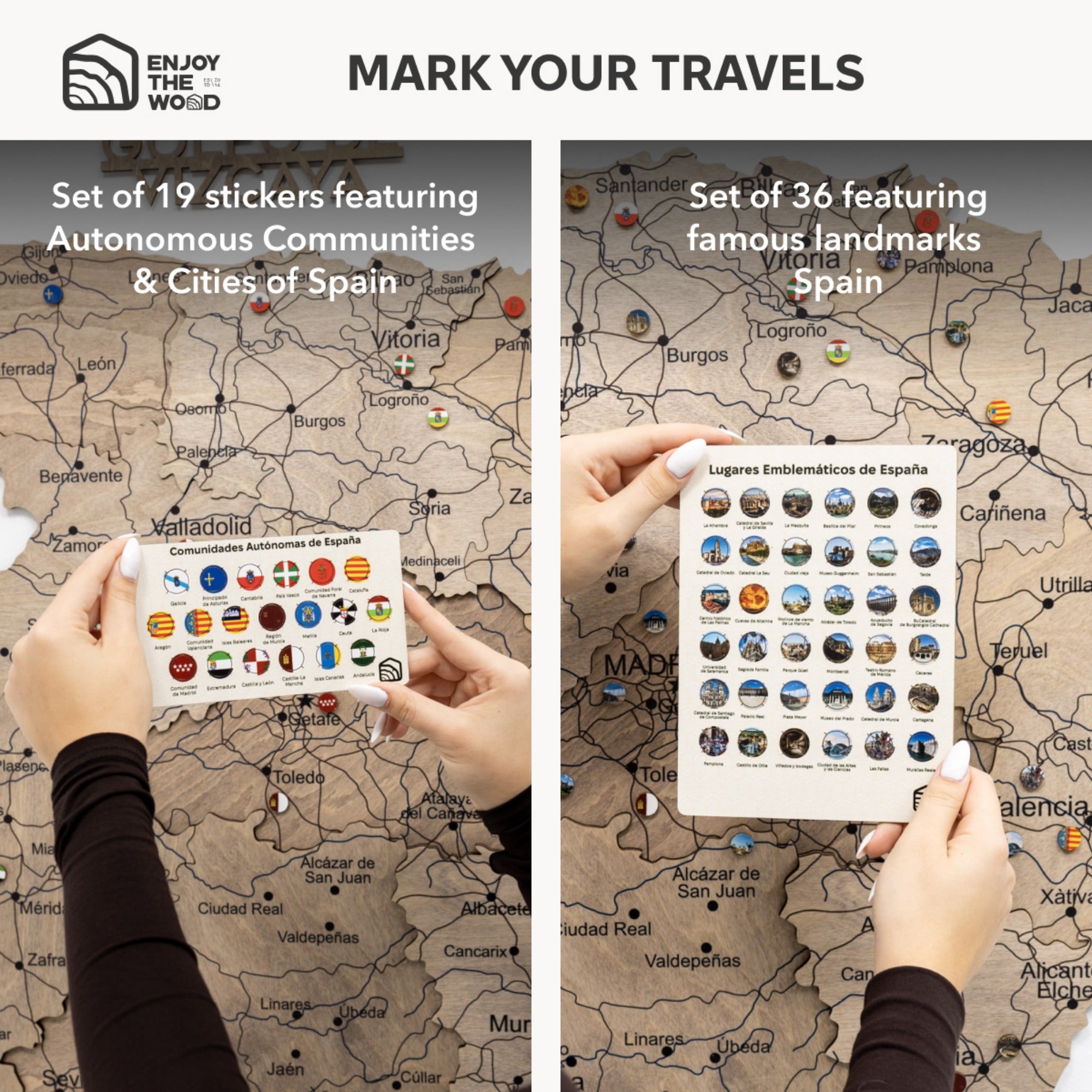 Two sets of stickers for marking travels on a map, featuring autonomous communities and cities of Spain, and famous landmarks.
