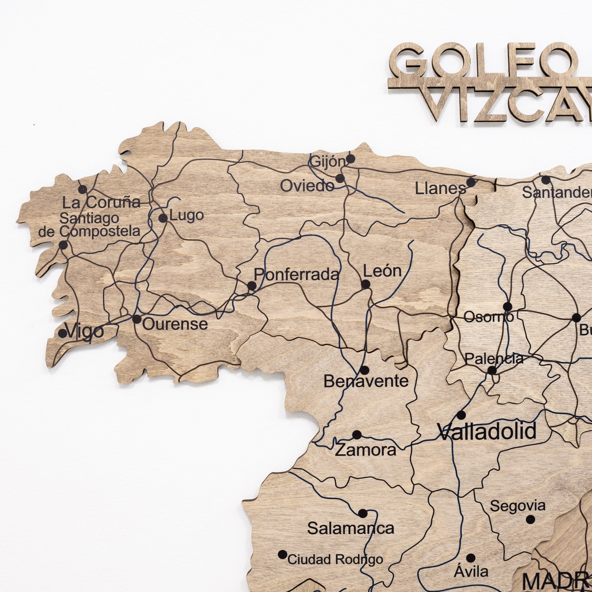 Wooden map of Spain with Goleo Vizcaya branding
