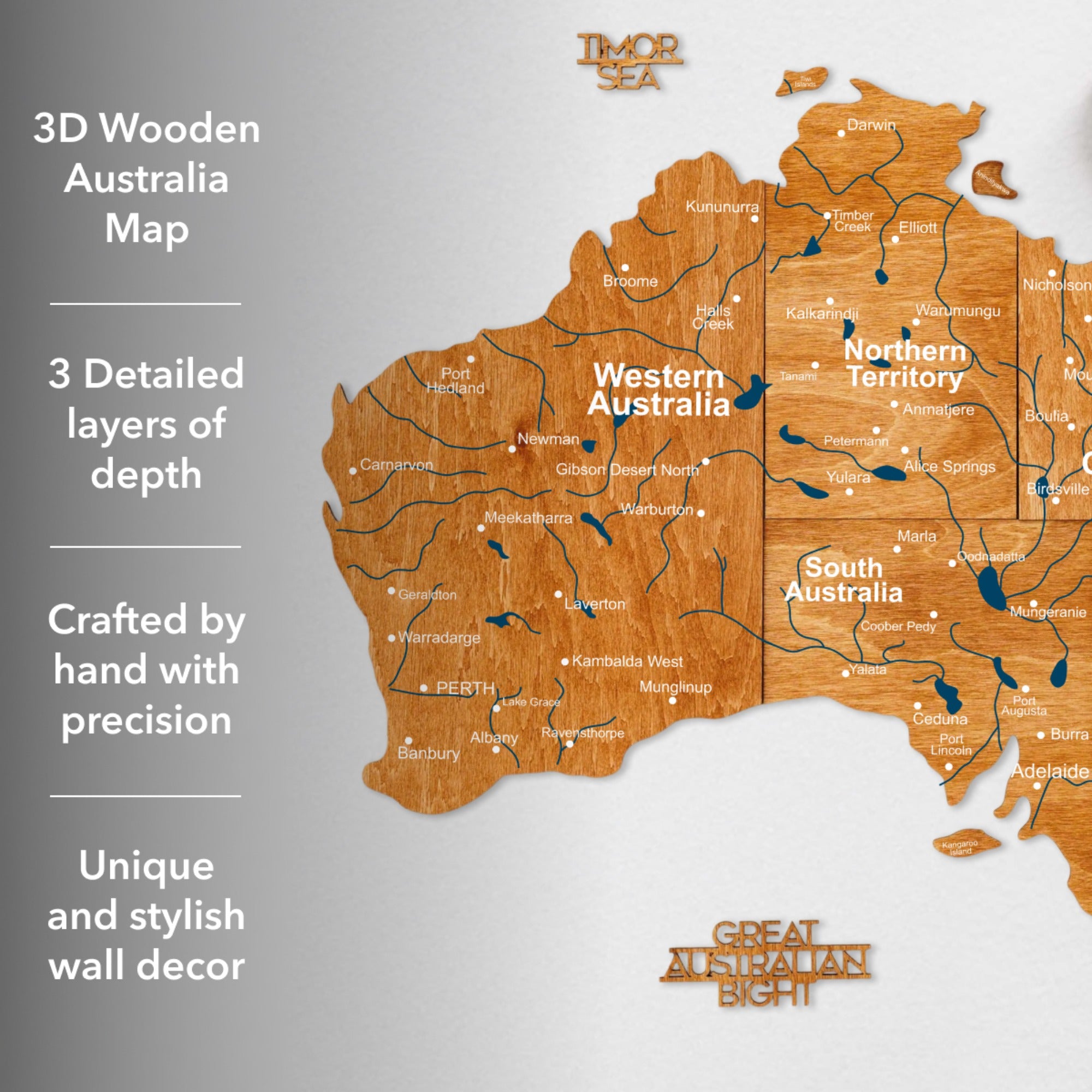 Wooden Australia map with text describing its features on a gray background