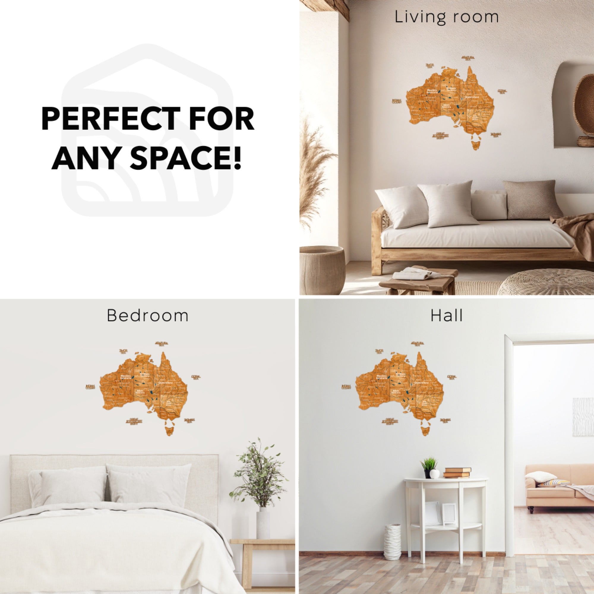 Wall decal of Australia in various rooms with text 'Perfect for any space'.