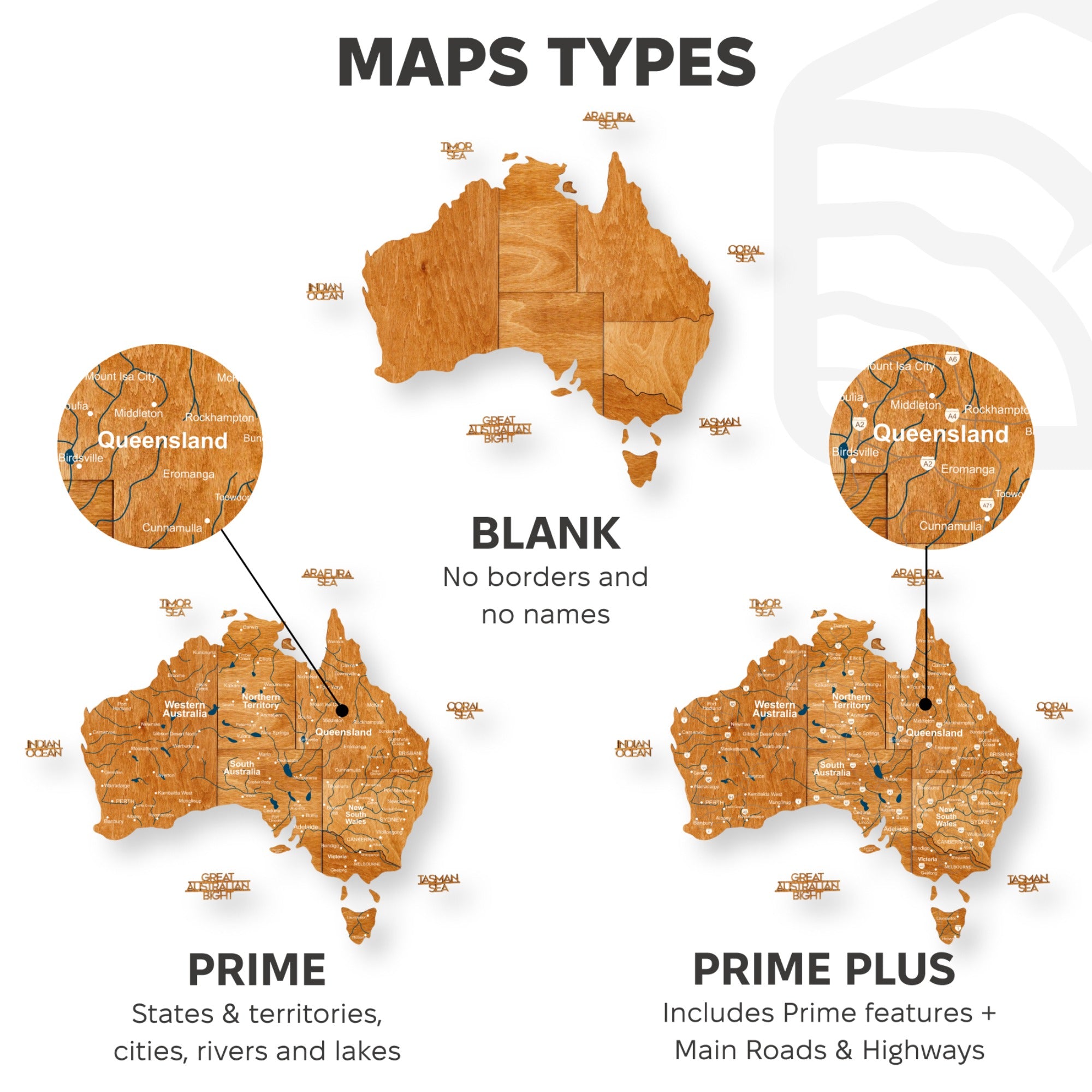 Comparison of different map types of Australia on a white background