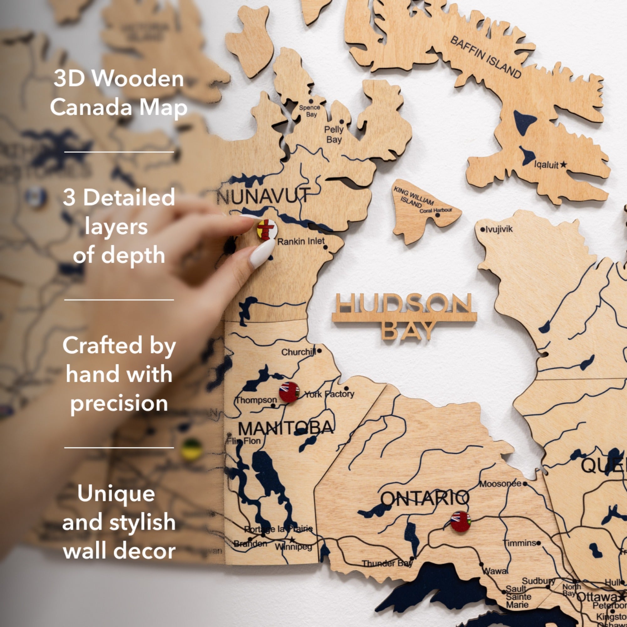 3D wooden Canada map with detailed layers, handcrafted with precision, on a white background.