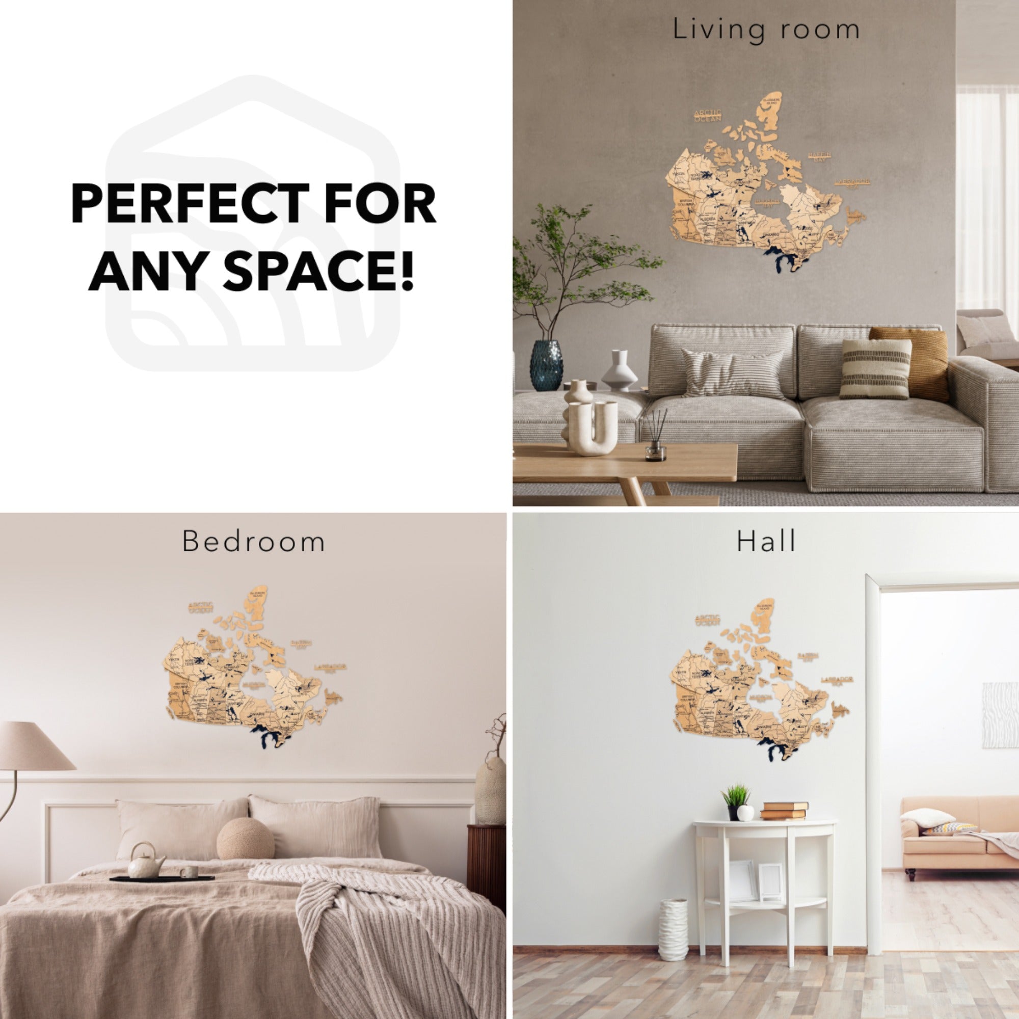 Collage of wall art in living room, bedroom, and hall with text 'Perfect for any space!'.