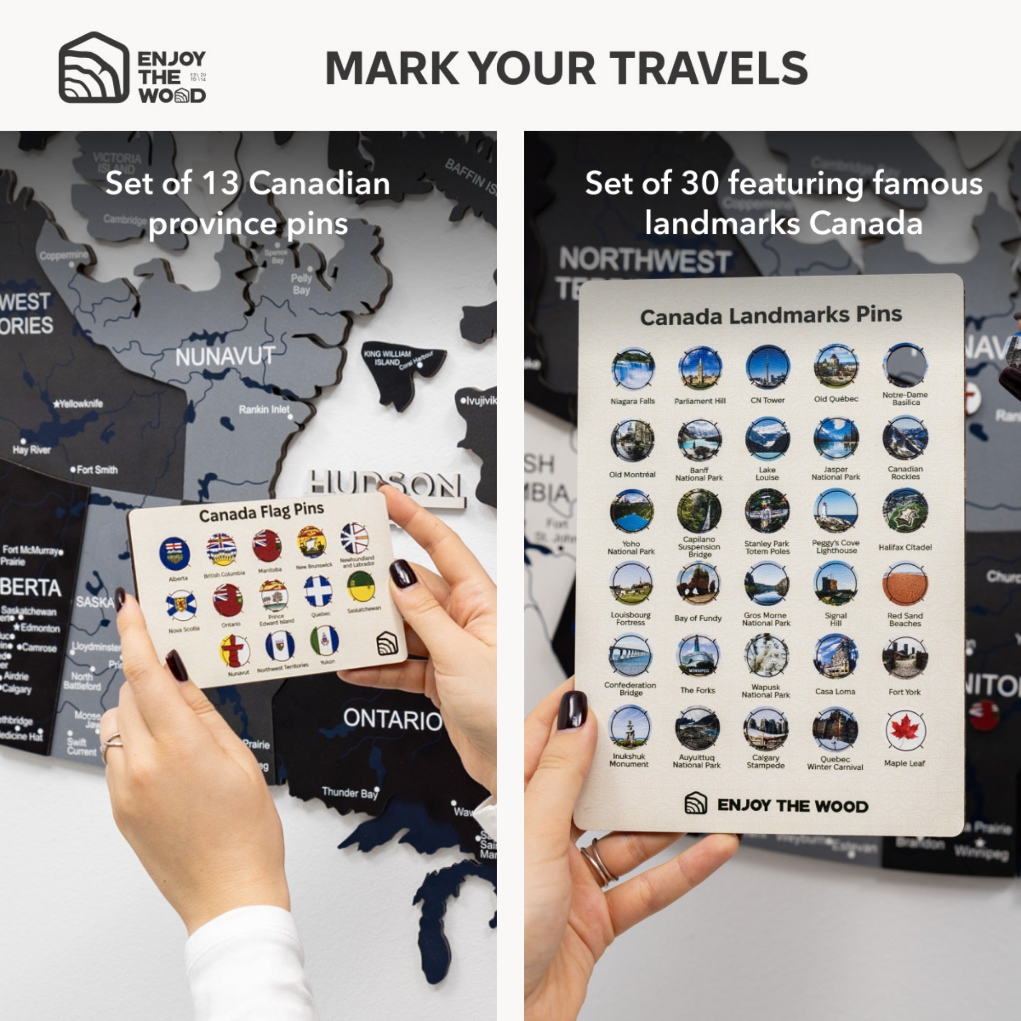 Two sets of Canadian-themed pins held by a person with a map of Canada in the background.