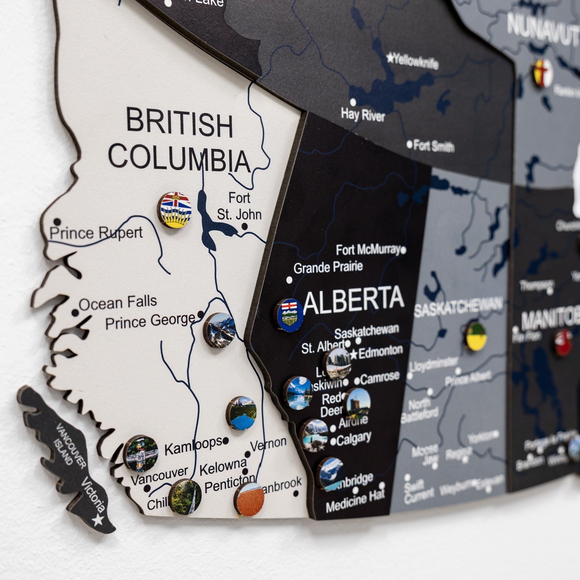 Map of British Columbia and Alberta with pins marking locations