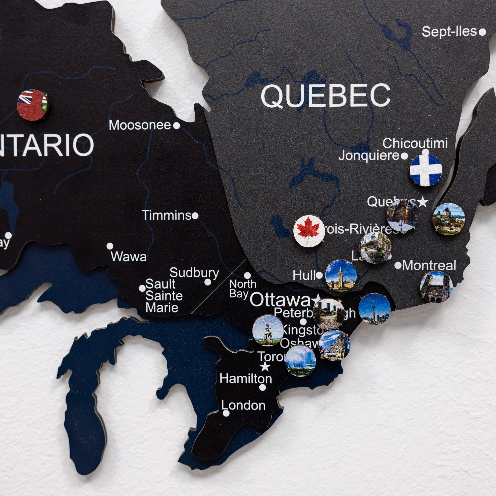 Map of Ontario and Quebec with icons representing cities and locations.