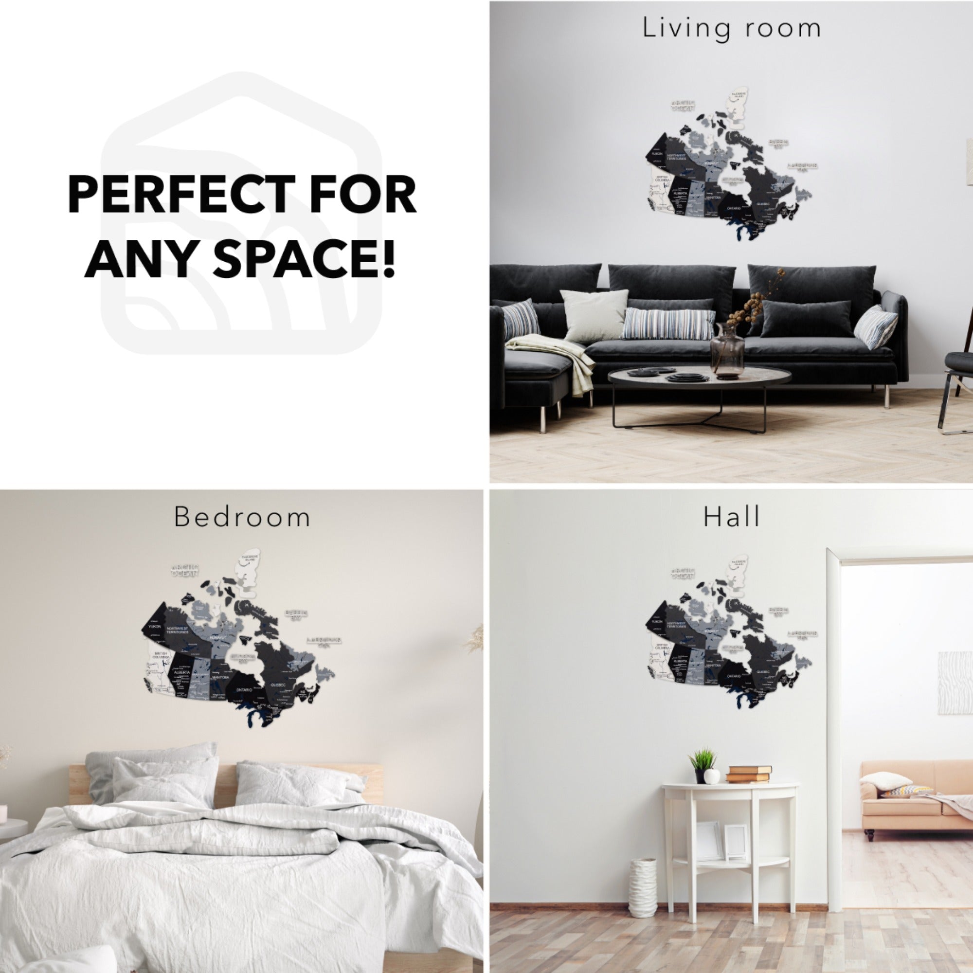 Wall art displayed in living room, bedroom, and hall with text 'Perfect for any space!'.