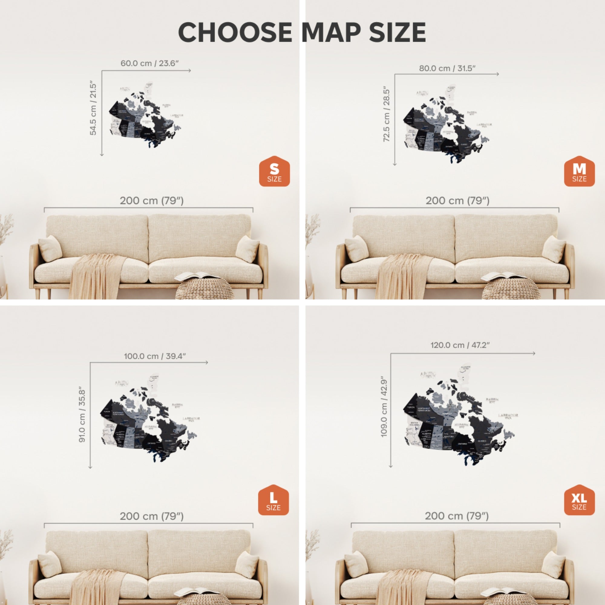 Wall decal size chart with different map sizes displayed on a white background.