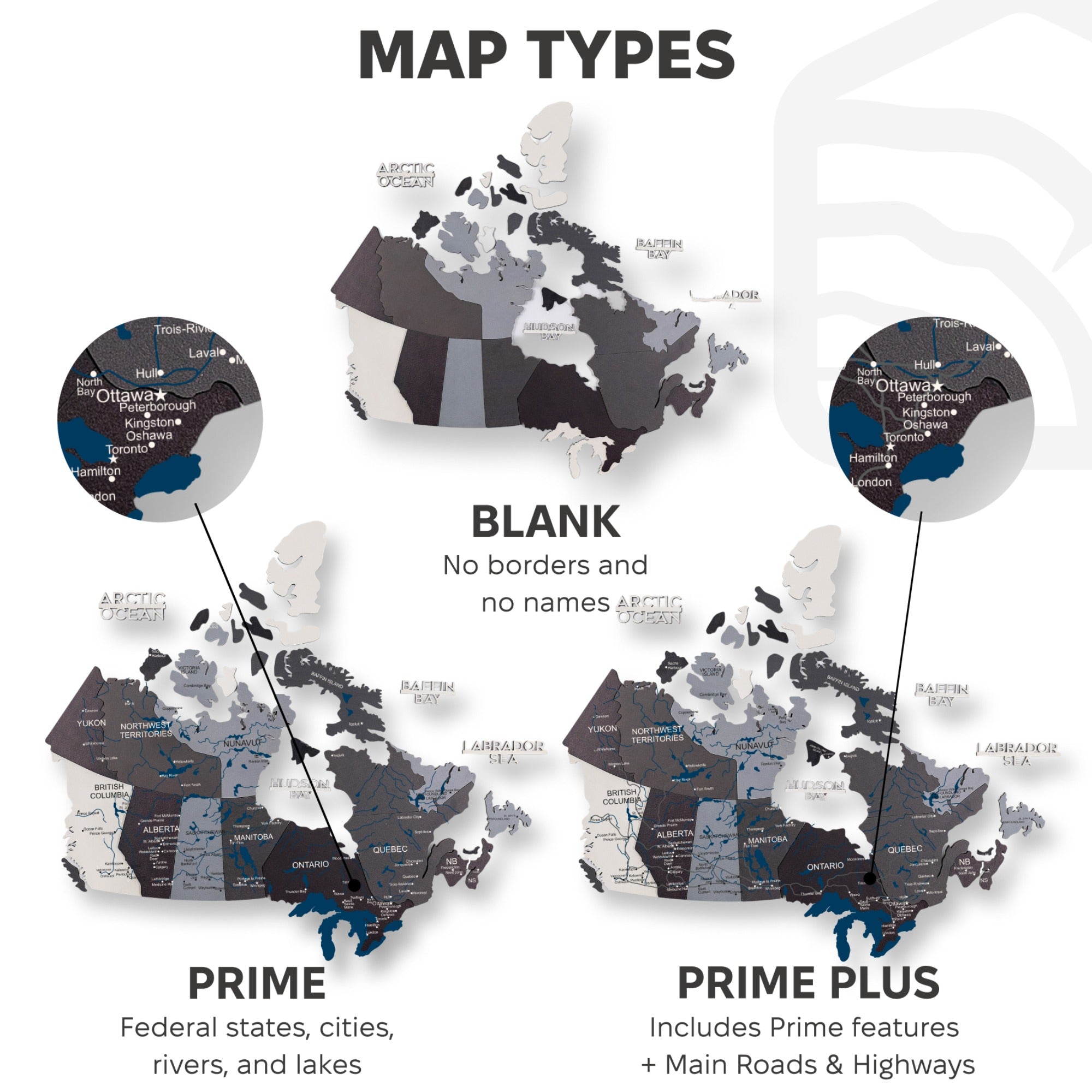 Map of Canada with different map types labeled on a white background
