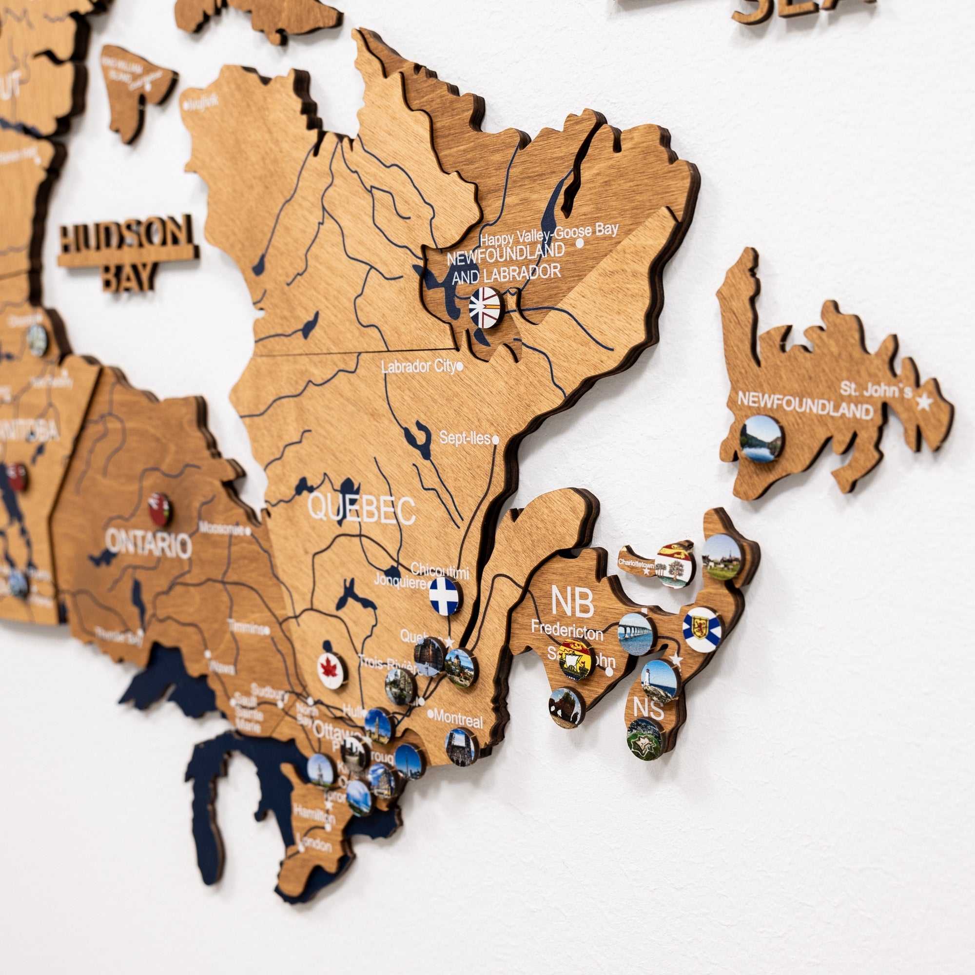 Wooden map of Canada with various pins on a white background