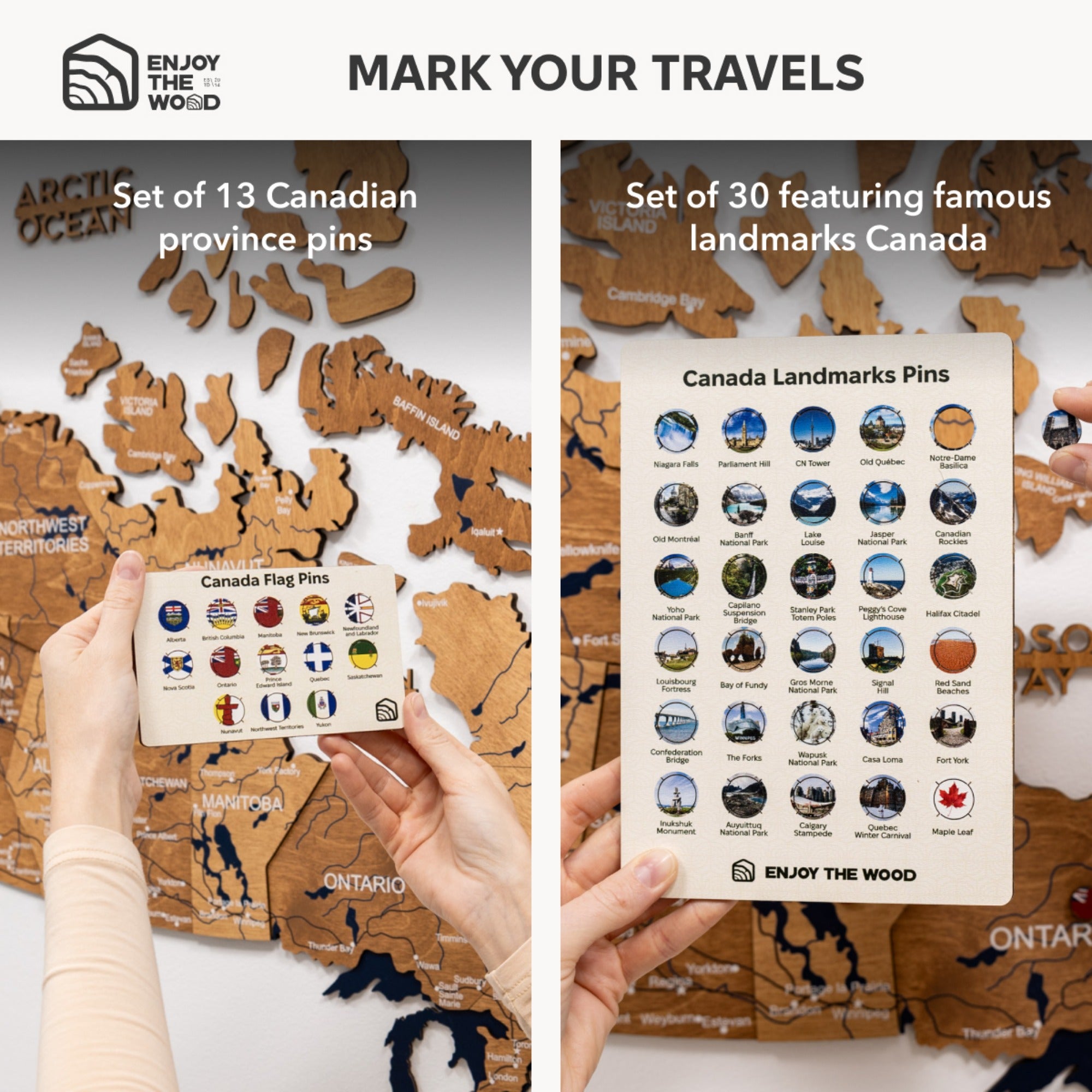 Set of Canadian province and landmark pins with a map and brand logo.