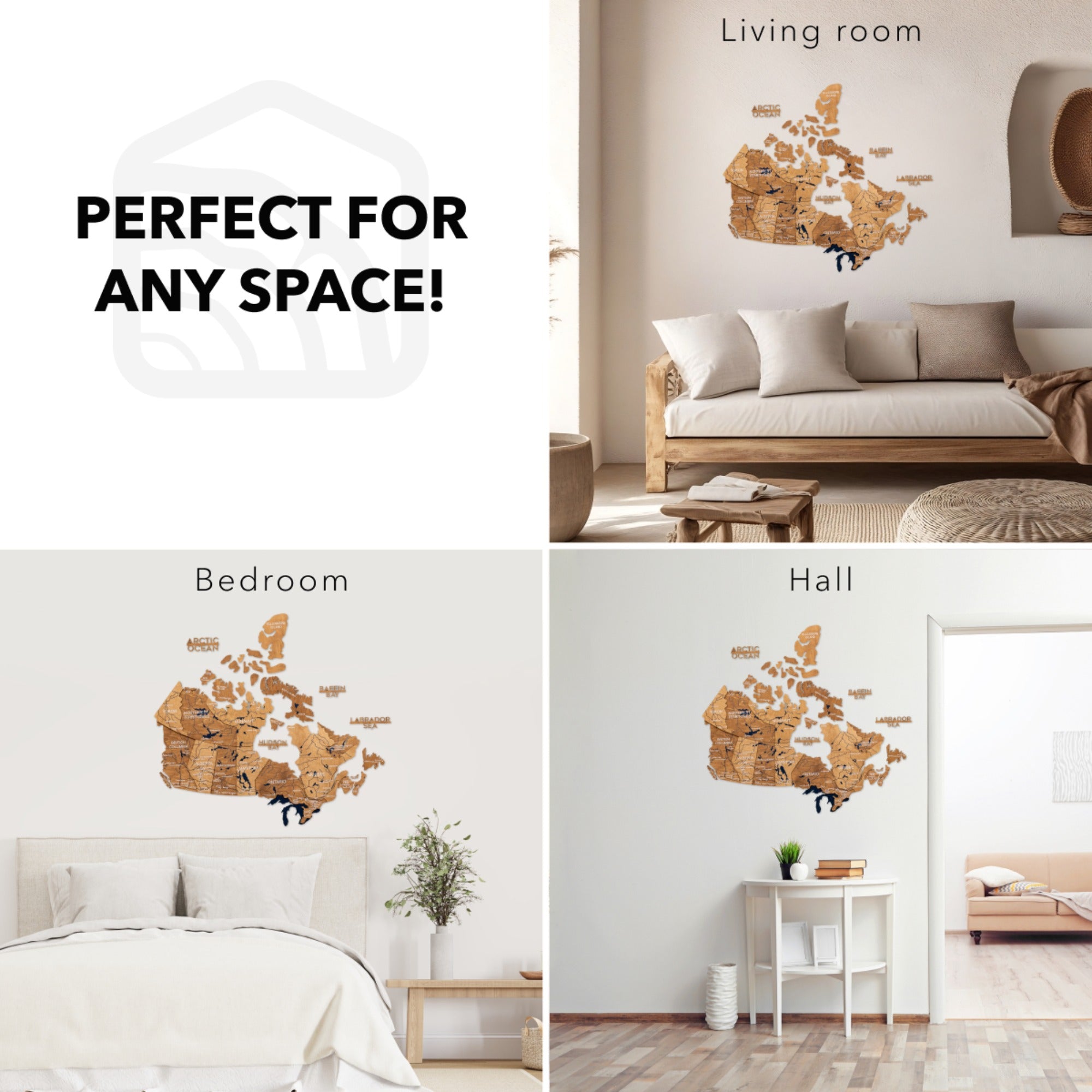 Wooden wall art of a map in various rooms with text 'Perfect for any space!'.