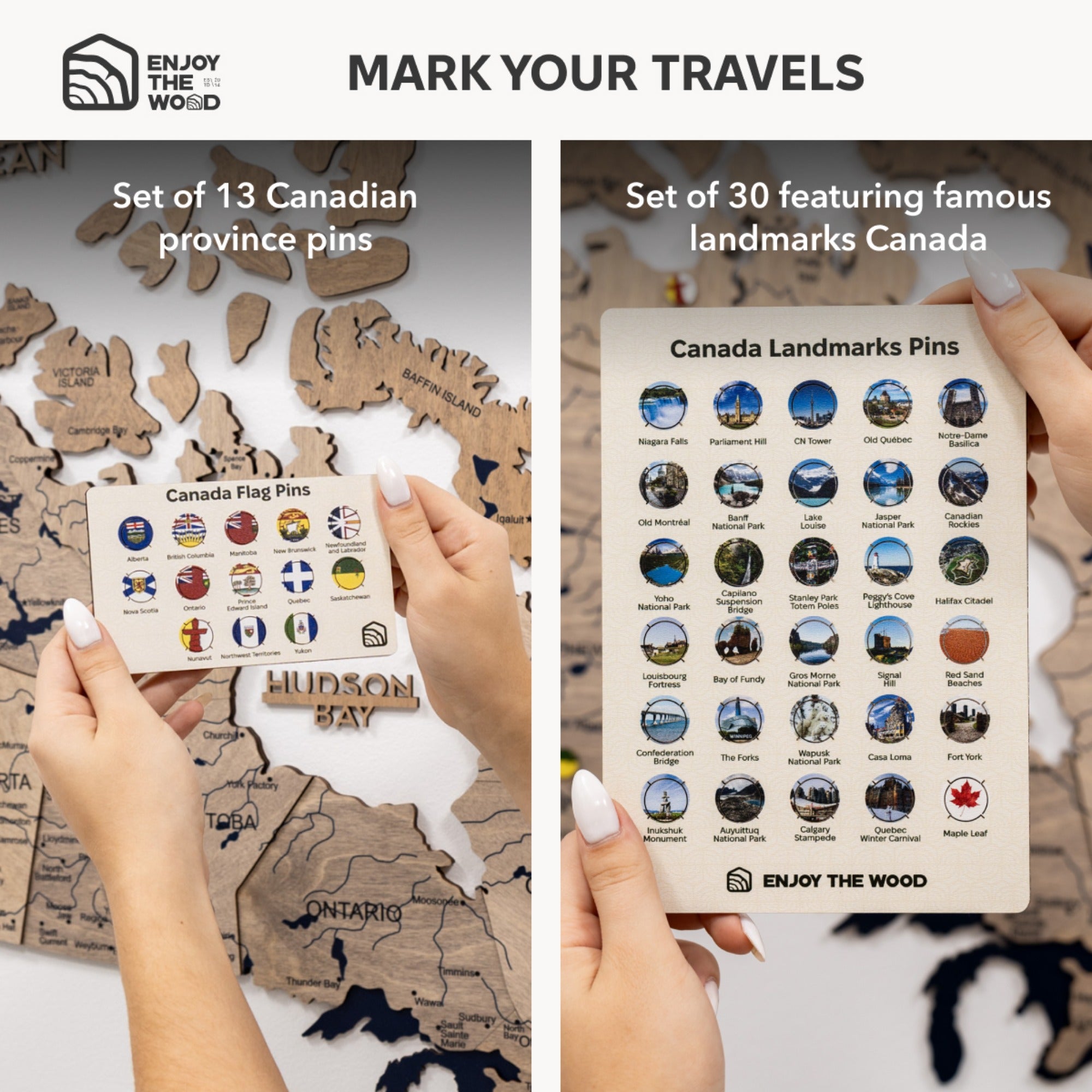 Two sets of Canadian-themed pins held by hands, one with province pins and the other with landmark pins, on a map background.