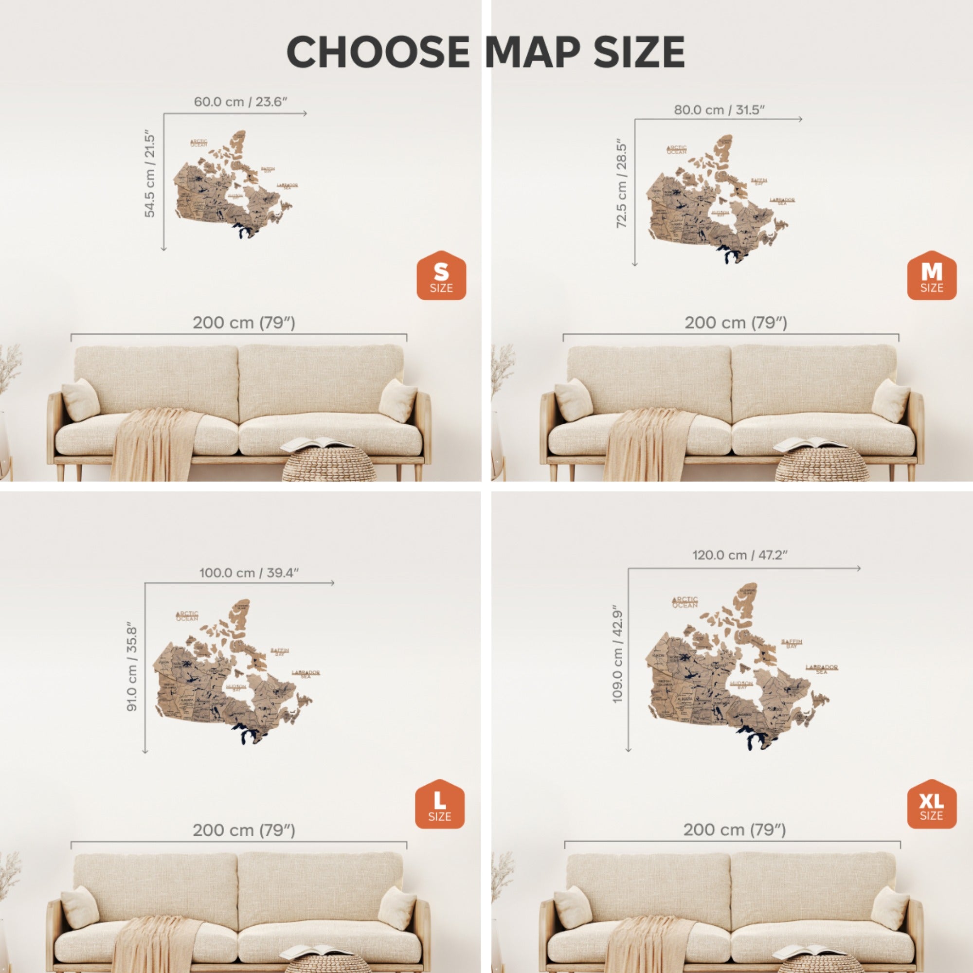 Map size selection guide for a wall decal with sofa dimensions.