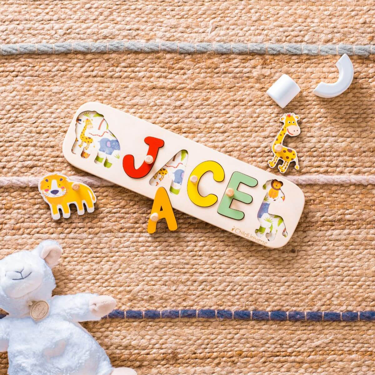 Wooden name puzzle with colorful letters on a textured surface