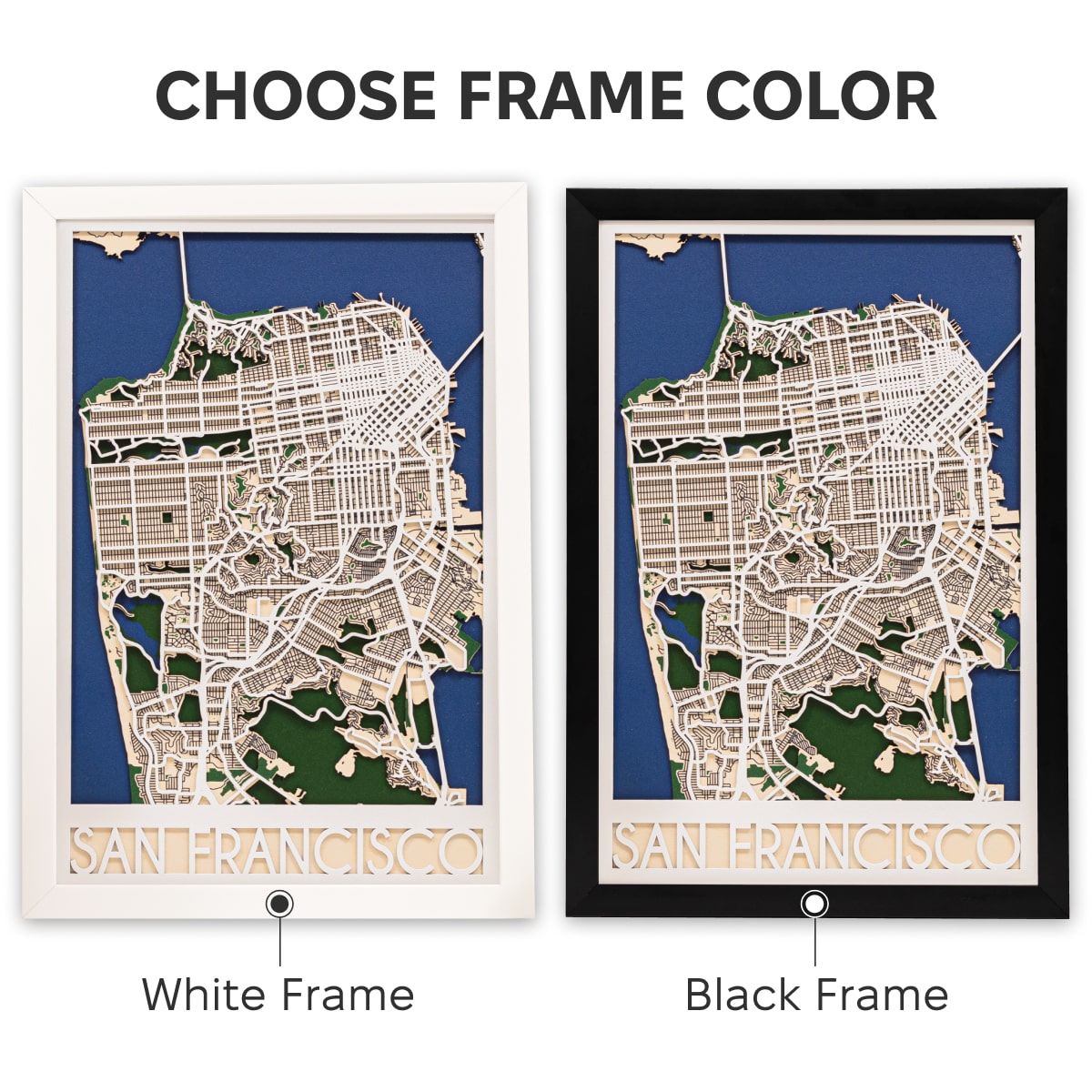 Two framed maps of San Francisco, one with a white frame and the other with a black frame, on a white background.
