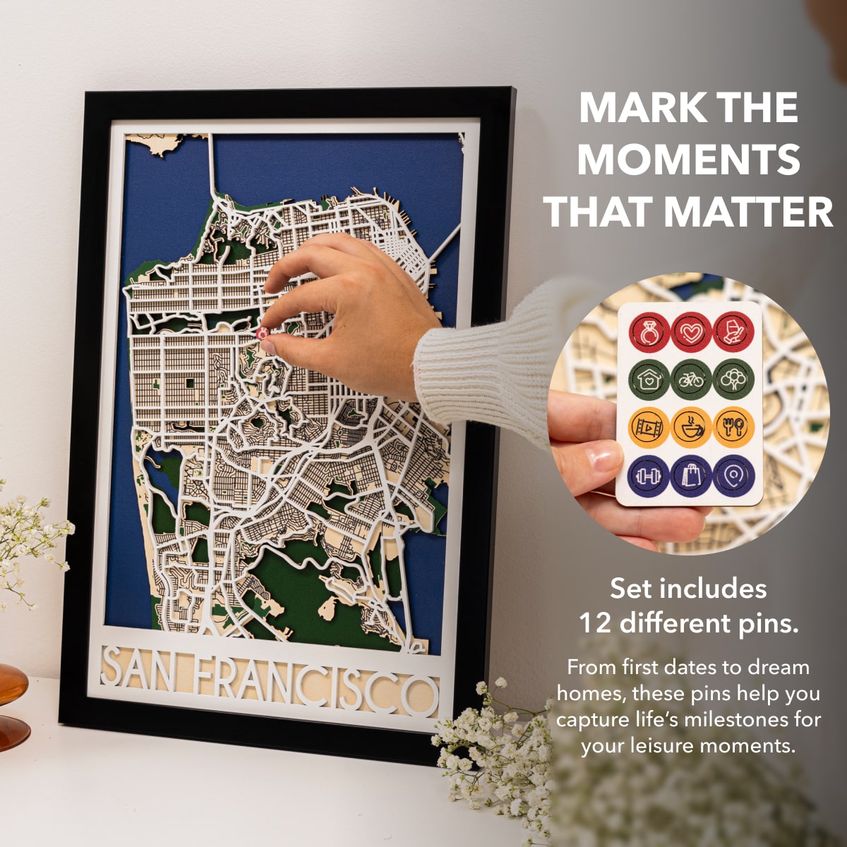 Framed map of San Francisco with decorative pins on a light background