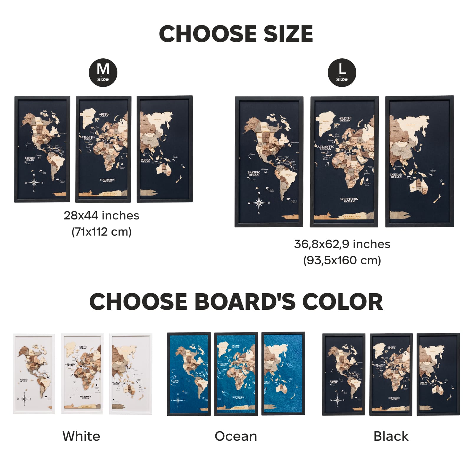 World map board size and color options on a white background