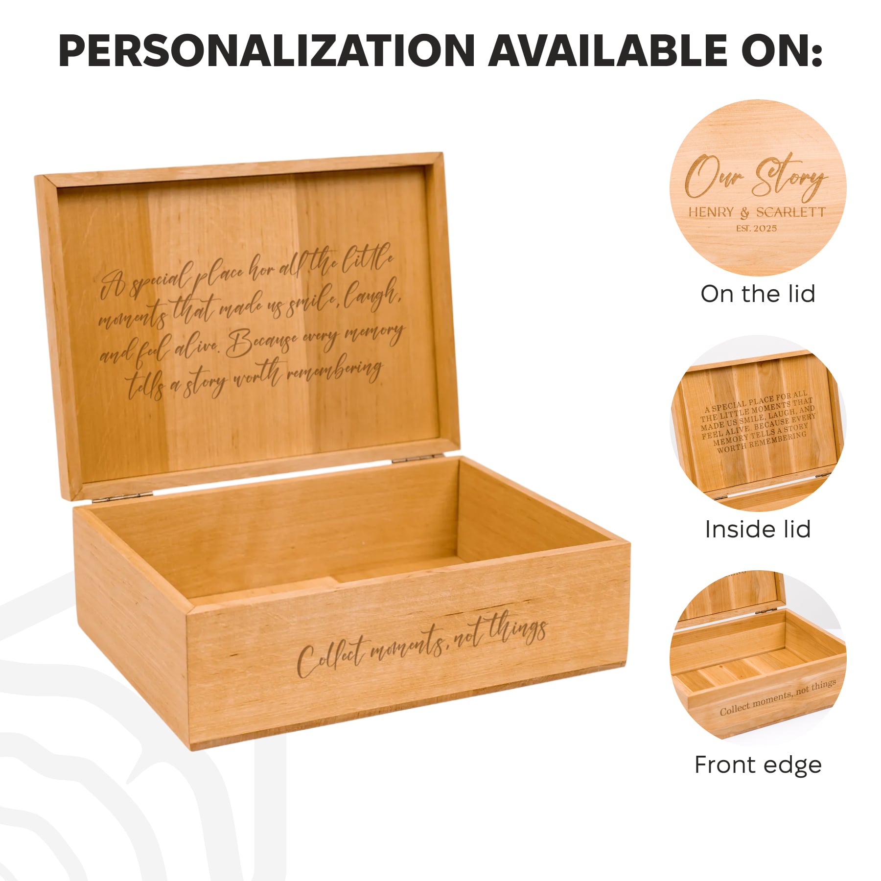 Wooden box with engraved text, showing personalization options on lid, inside lid, and front edge.