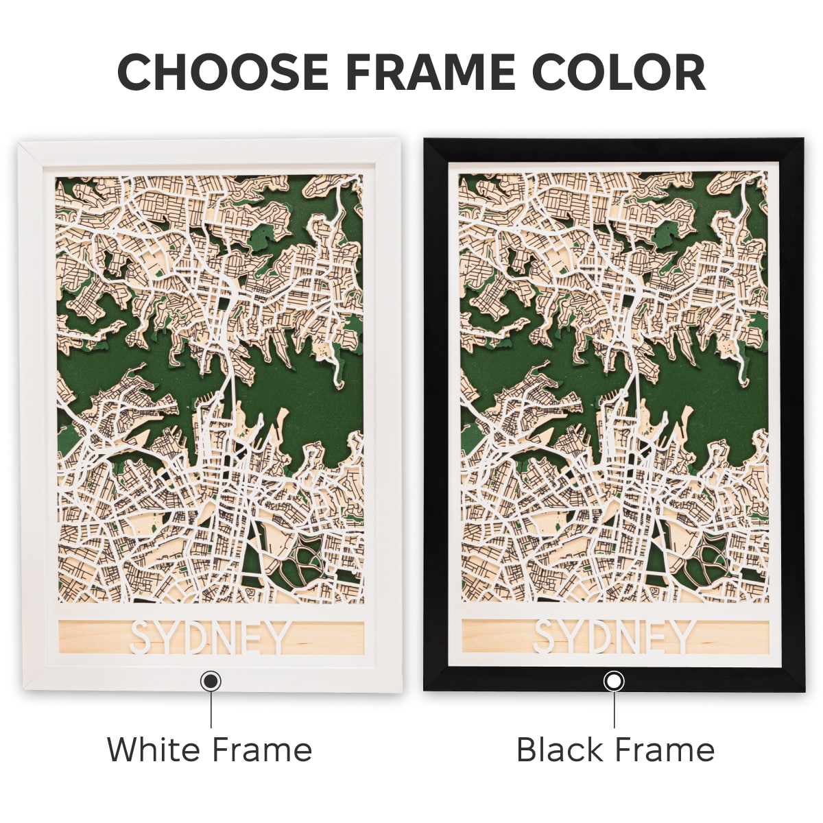 Two framed maps of Sydney, one with a white frame and the other with a black frame, on a white background.
