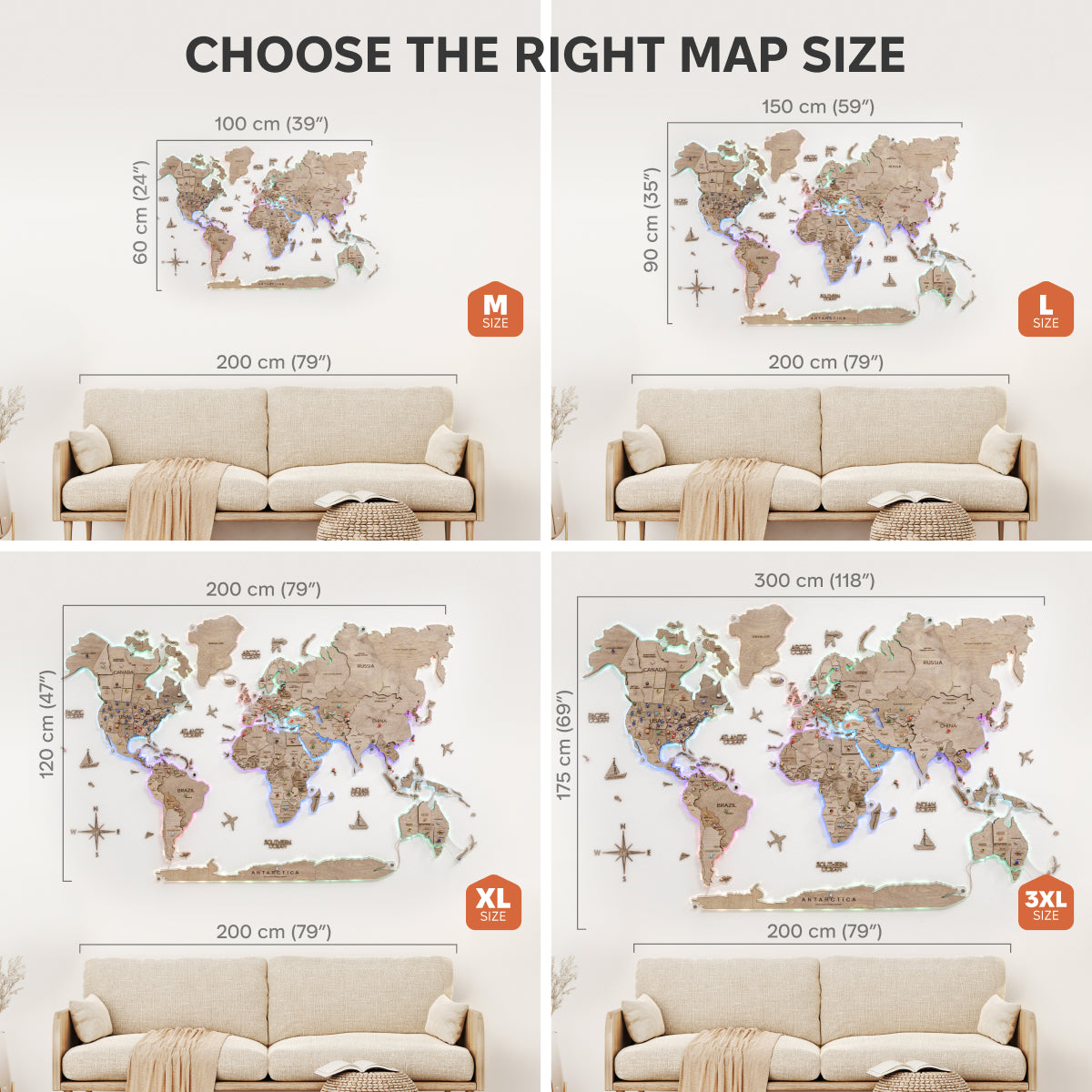World map size selection guide with different dimensions displayed on a sofa.