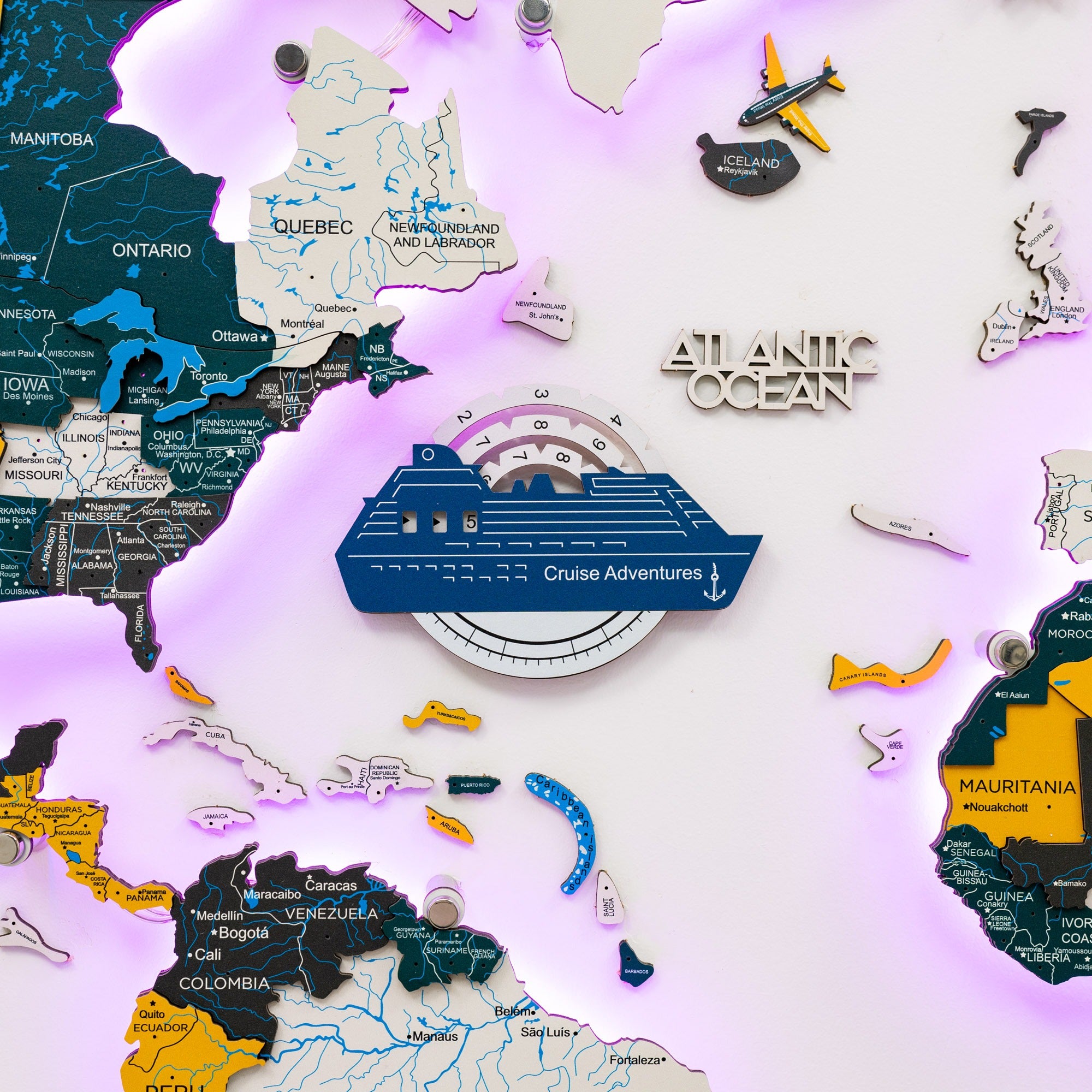Reise-Tracker Kreuzfahrtschiff 3D Farbige Holzweltkarte - Aqua