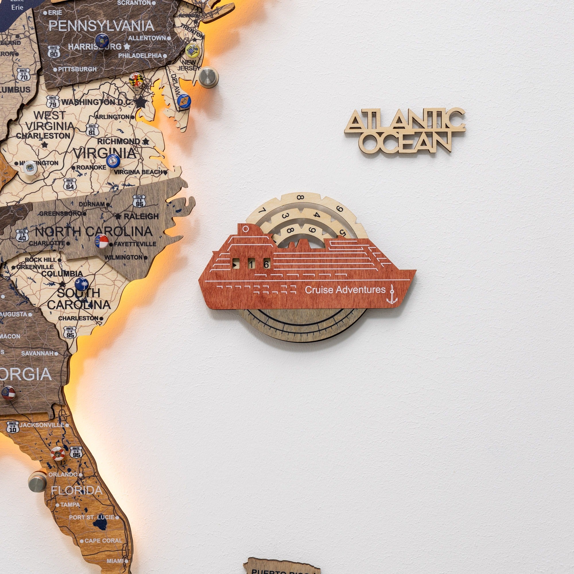 Travel Tracker Cruise Liner 3D Colored Wooden World Map - Fusion