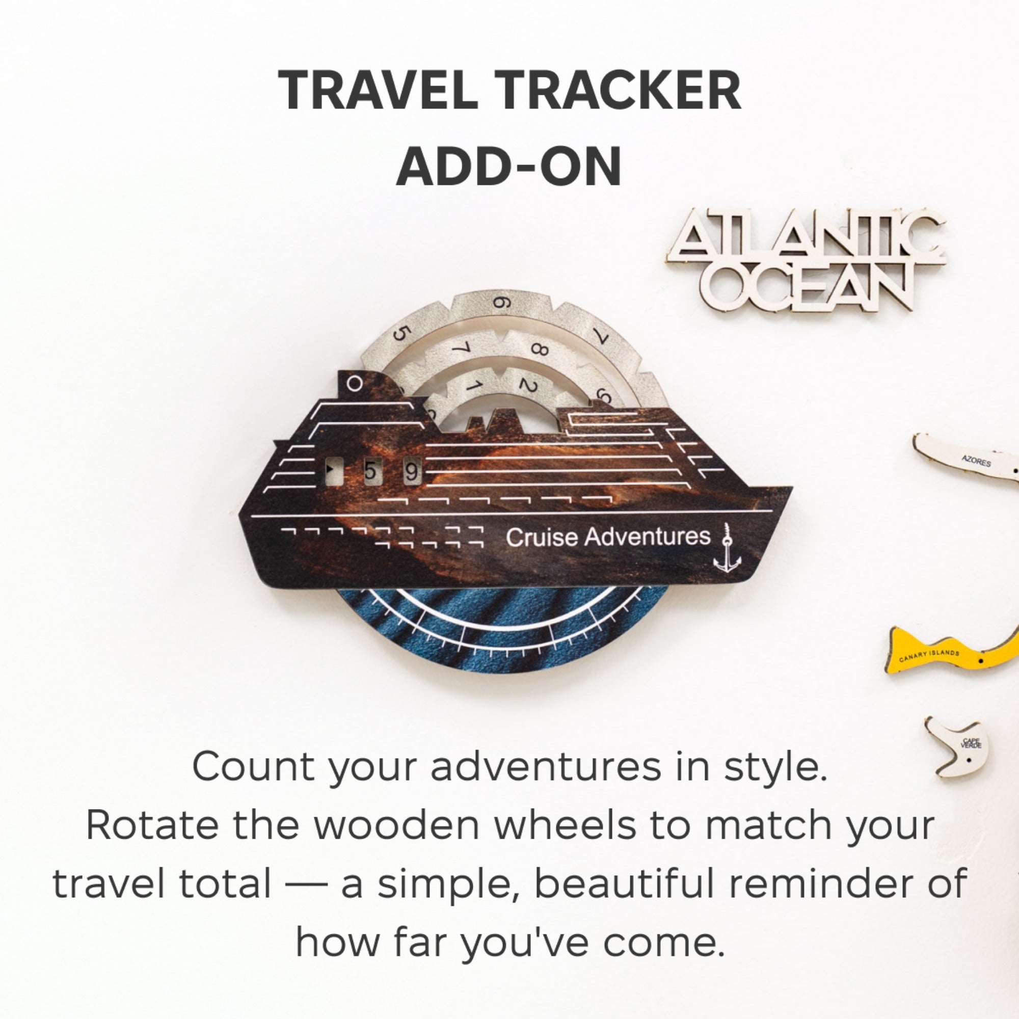 Mapa mundial de madera en 3D a color con seguimiento de viajes de cruceros - Capuchino