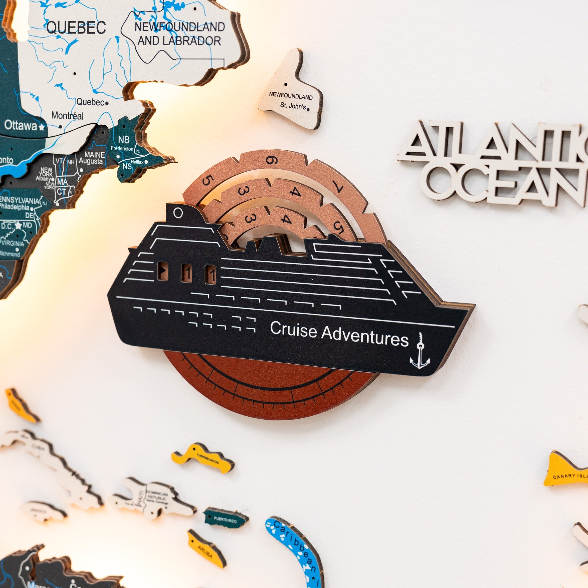 Travel Tracker Cruise Liner 3D Colored Wooden World Map - Rustic