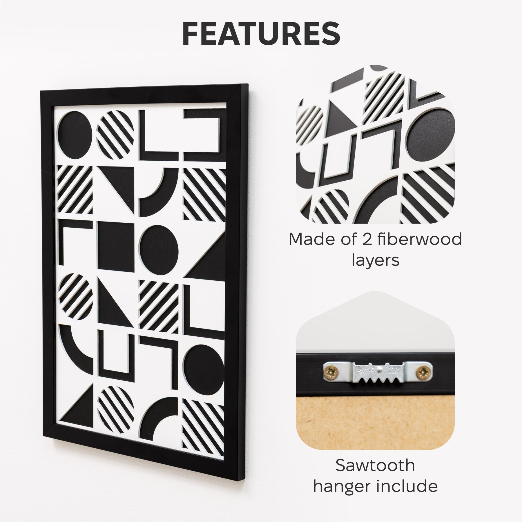 Decorative wall art with geometric pattern, fiberwood layers, and sawtooth hanger on a white background.