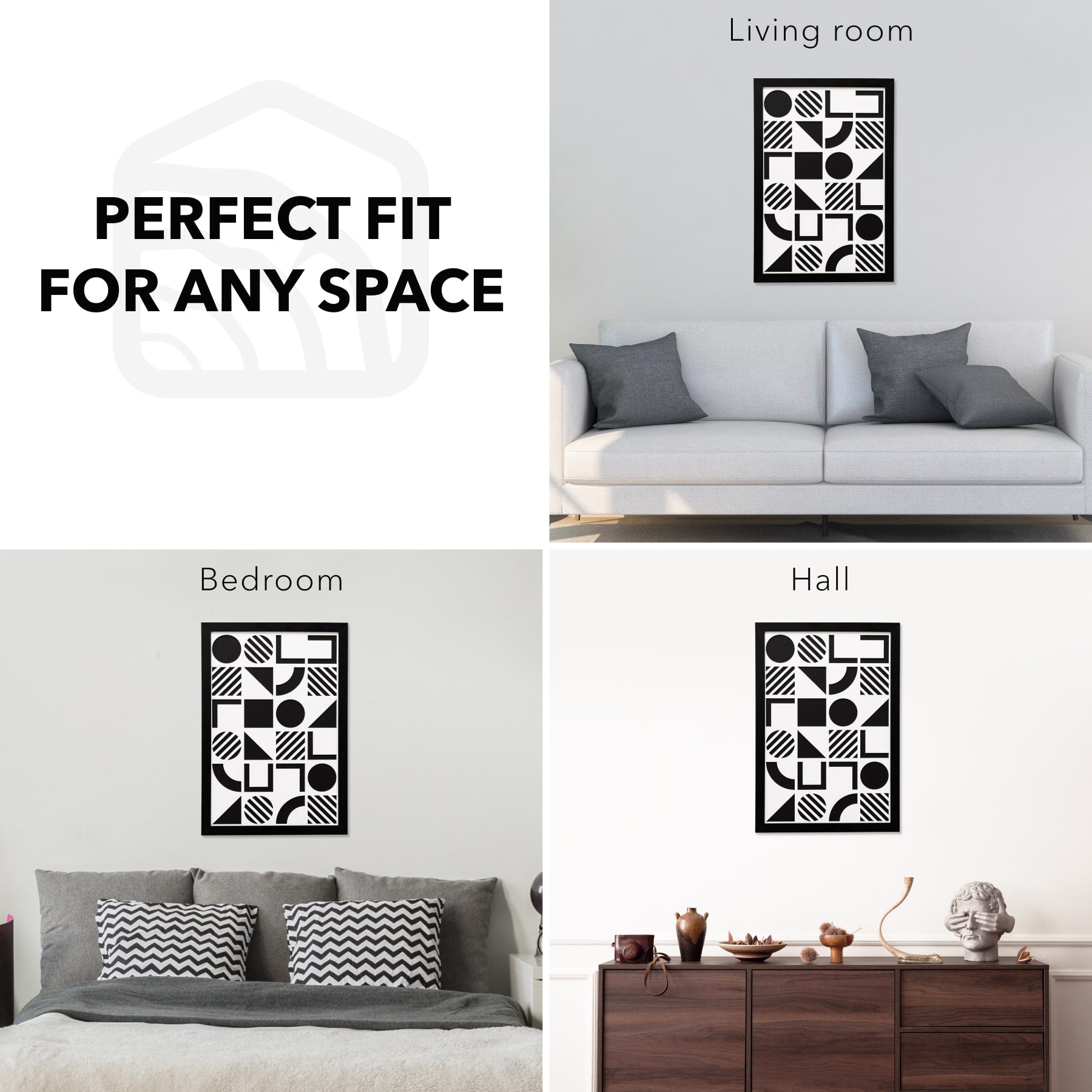 Decorative wall art with text 'Perfect Fit for Any Space' displayed in a living room, bedroom, and hall setting.