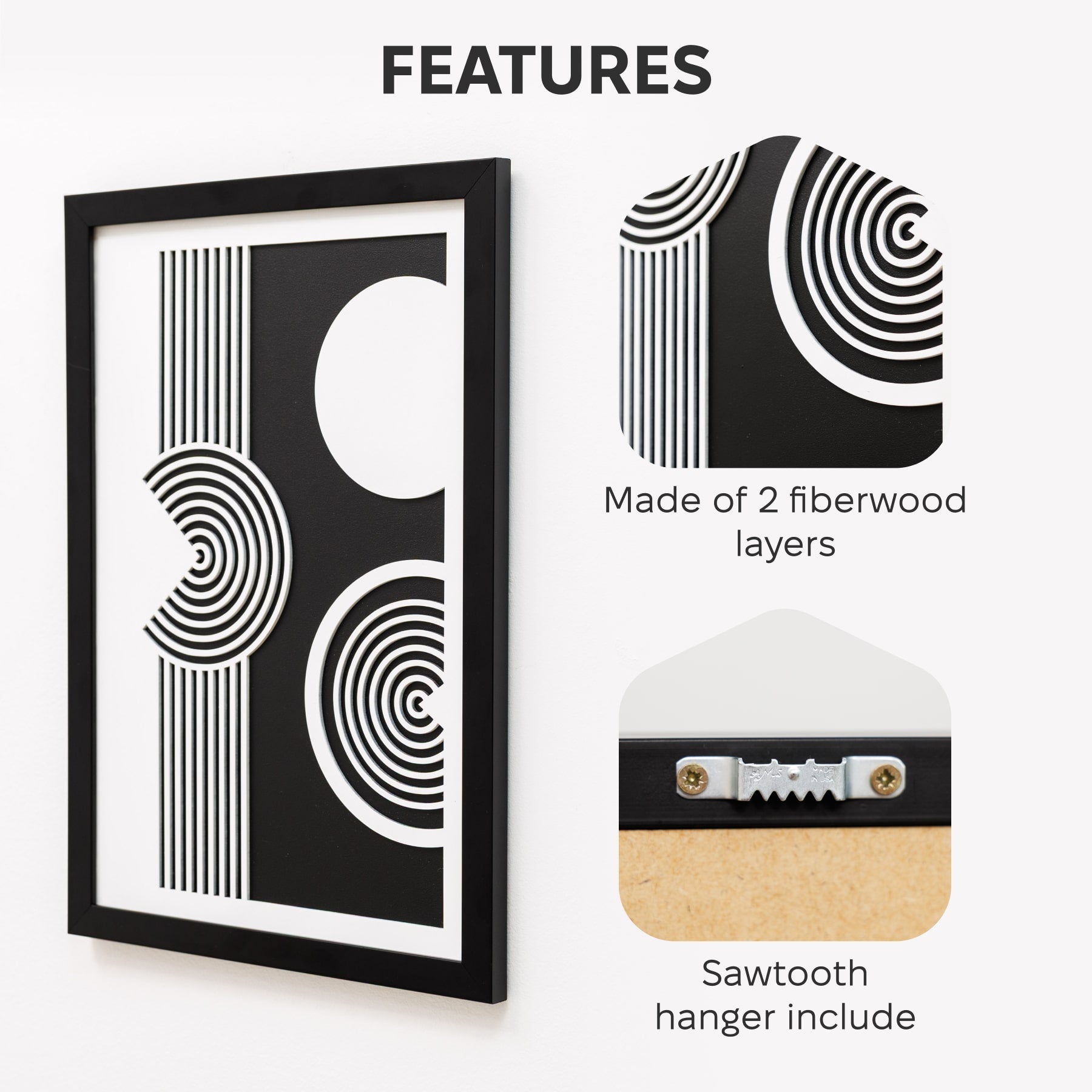 Framed artwork with geometric design, fiberwood layers, and sawtooth hanger on a white background.
