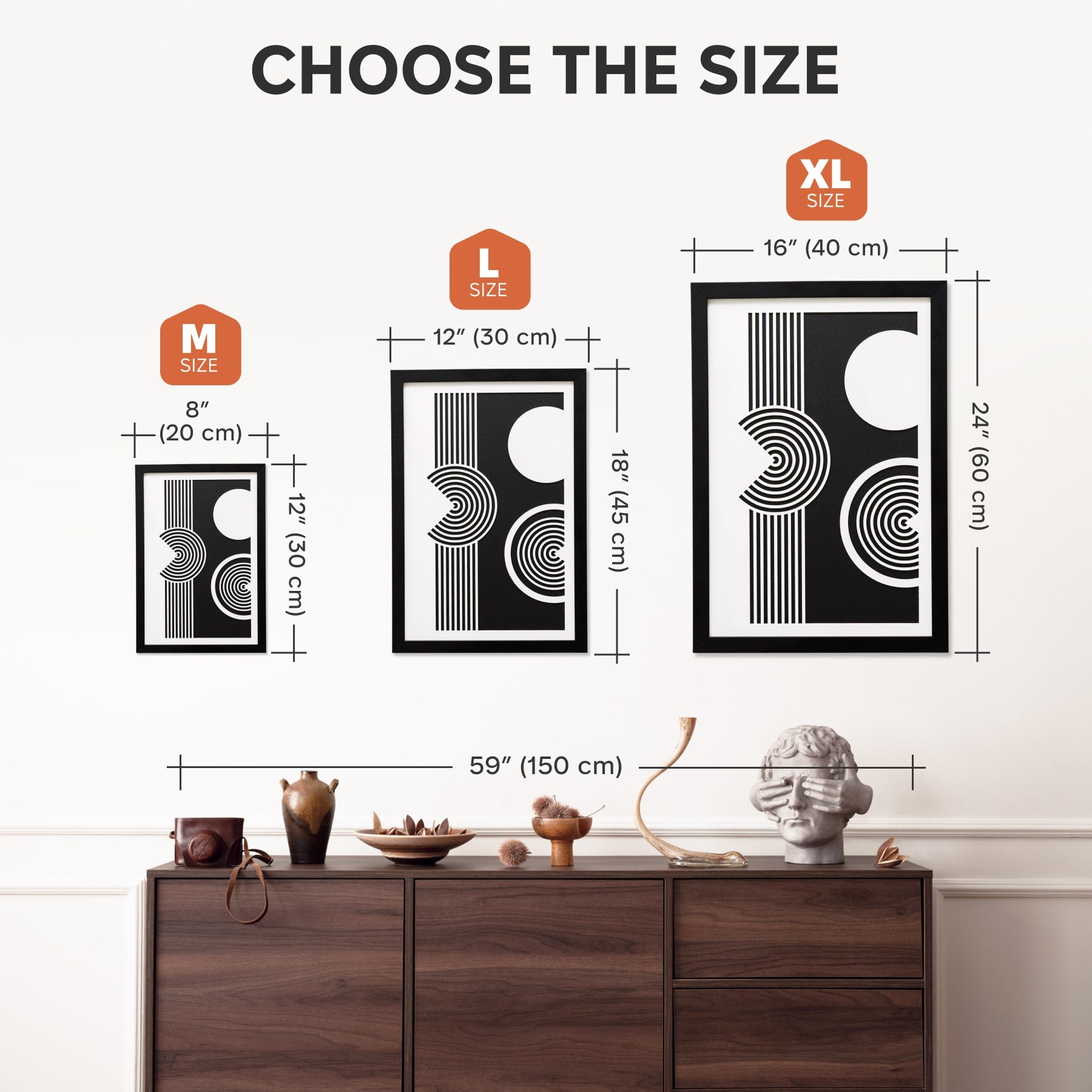 Size chart for wall art with dimensions and a decorative setting.