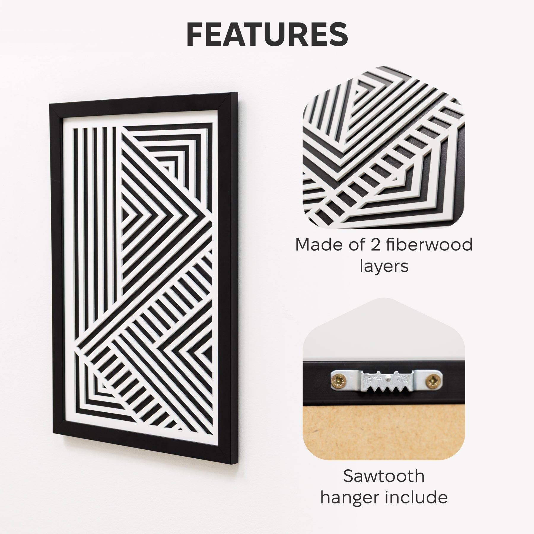 Decorative wall art panel with geometric pattern, fiberwood layers, and sawtooth hanger on a white background.